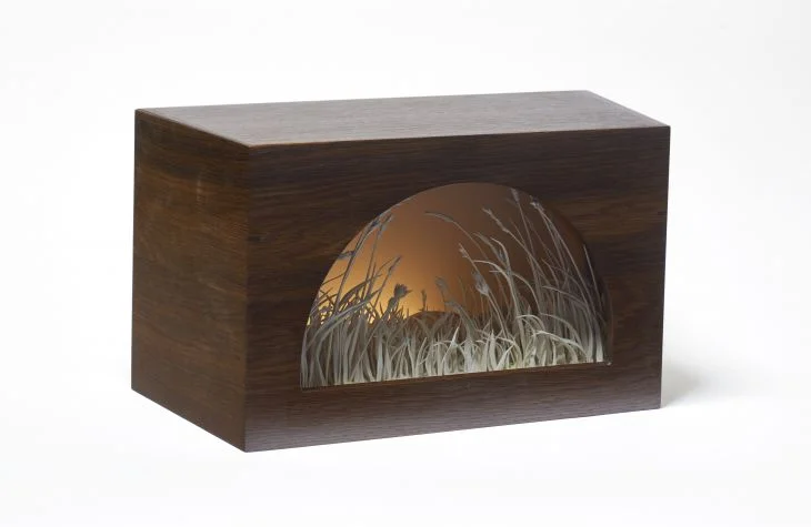 Katie Spragg, Meadow, 2017, Porcelain, Oak, Plastic, Switch, Battery-powered LEDs