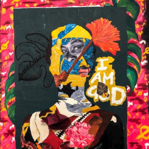 Giggs Kgole, God Ke Mama , 2019, Oil and Charcoal on Black Linen, Collage with Fabric