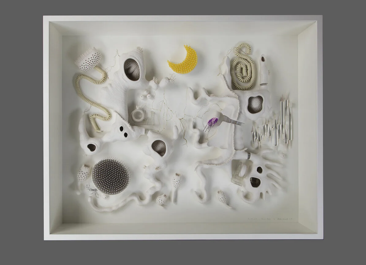 Ikuko Iwamoto, A Crescent in Downs Park , 2019, Porcelain, Hypodermic Needle, Coiled Cable, toothbrush and Tape Dispenser