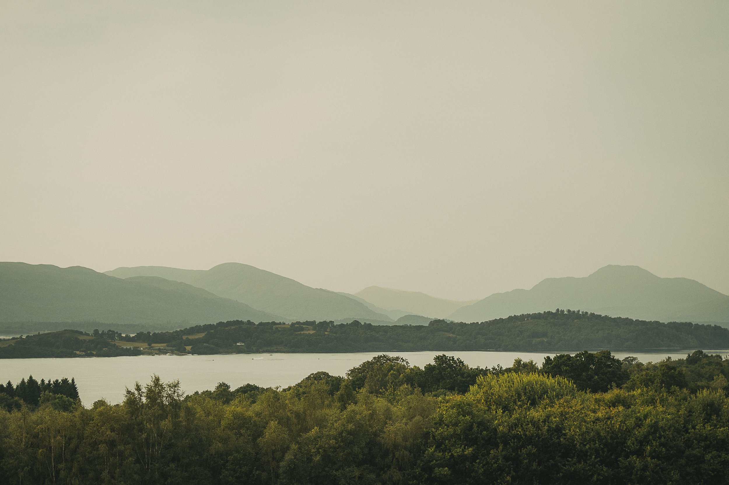 Panoramic view across Loch Lomond from the grounds of Boturich Castle.