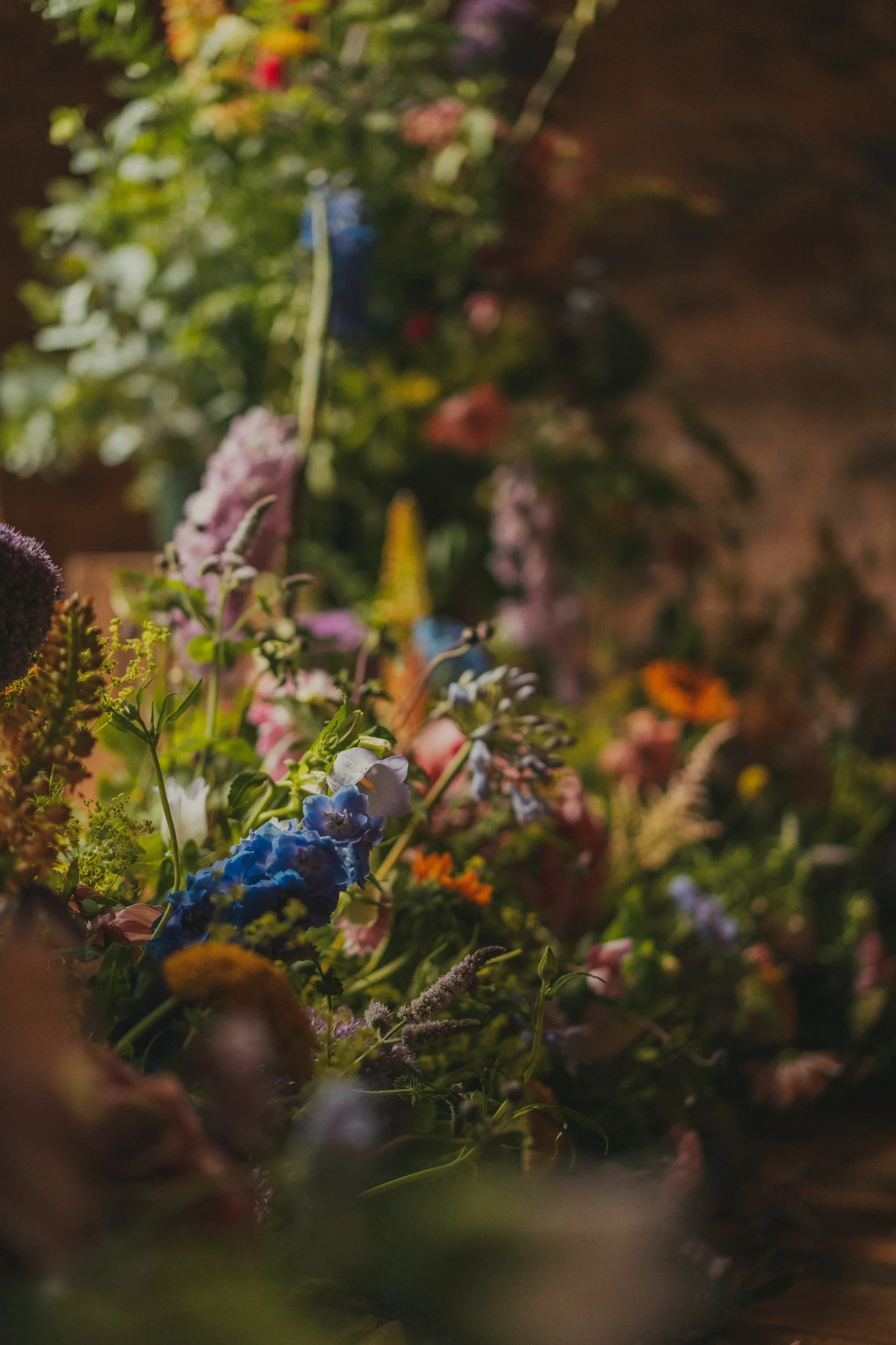 Close-up of colourful sunflower and hydrangea wedding flowers at Wedderlie House
