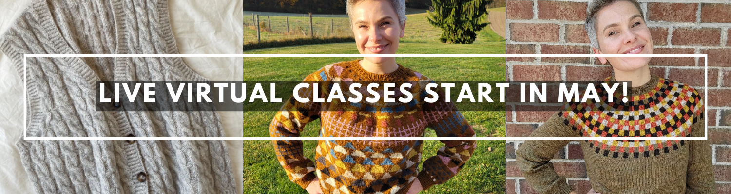 Three women wearing patterned sweaters, standing outdoors with green fields and trees in the background, smiling at the camera, with an overlay text announcing live virtual classes starting in May.