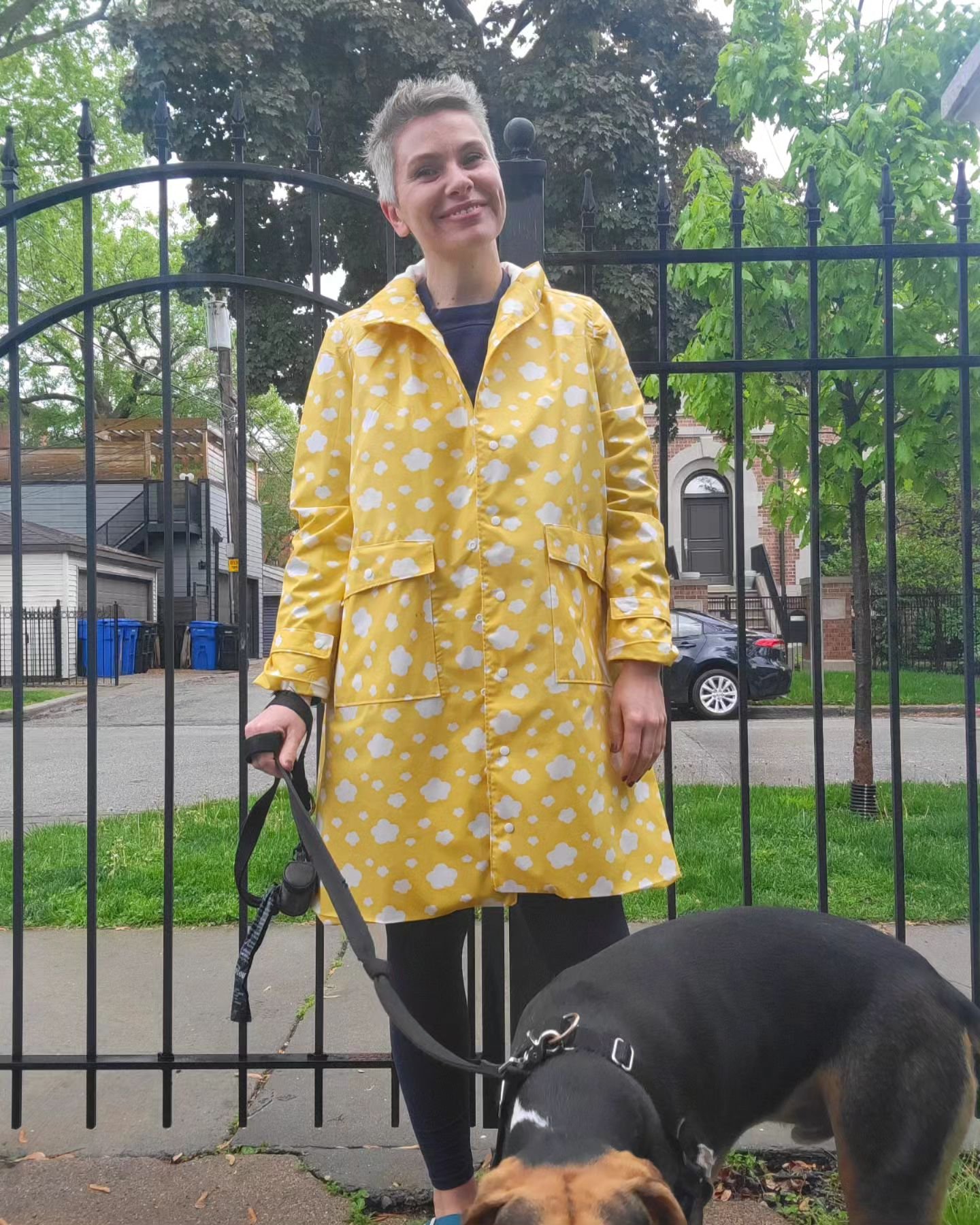 Me Made May day 9! Rainy day edition! 

Royal was rain stressing so wouldn't sit for a pic, but I got him outside which is a big accomplishment! LOVE my @seamwork Lou! Wearing it over my tried and true lounge wear today. #memademay #mmm2024 #memadema
