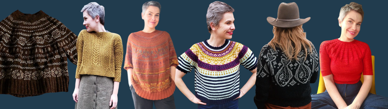 Collection of five women wearing colorful sweaters and one in a hat, with a dark blue background.