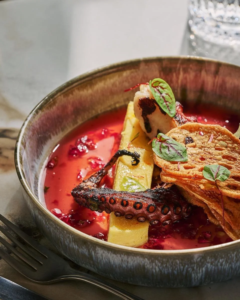 That perfect char gets us every time 🐙🔥😮&zwj;🔥

And then the burst of  citrus 🍋
Then a touch of the fragrant florals 
And that crispy lotus root 🤤

It&rsquo;s giving flavour + texture + main character energy ✨

Come try it for yourself  at dinn