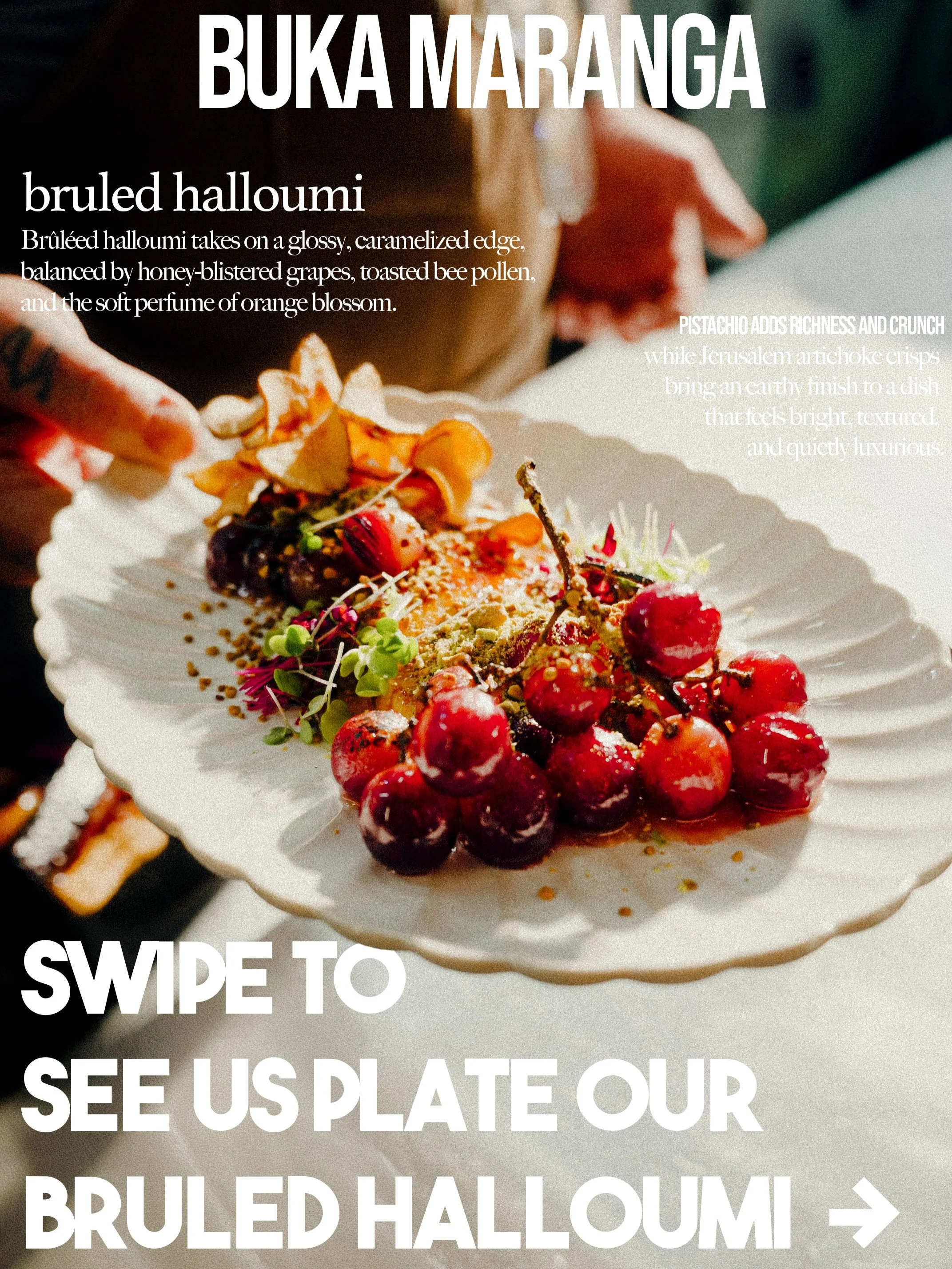 Br&ucirc;l&eacute;ed halloumi, honey-blistered grapes, toasted bee pollen, orange blossom, pistachio, and Jerusalem artichoke crisps.

Sweet, salty, floral, crisp&hellip; all in one bite.

#halloumi #brulee #caf&eacute; #mississaugaeats #mississaugac