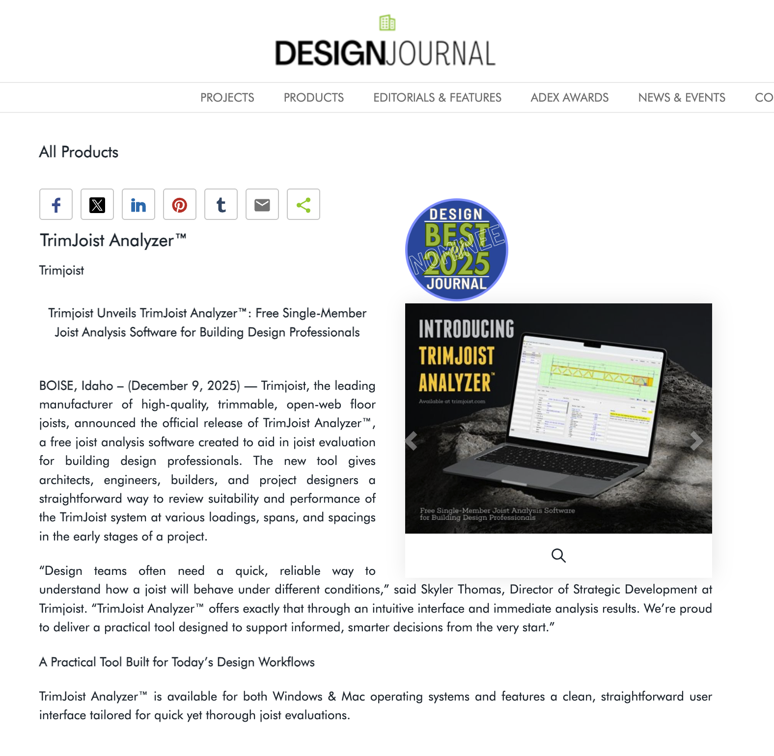 TrimJoist Analyzer™ Nominated Best of 2025 by Design Journal