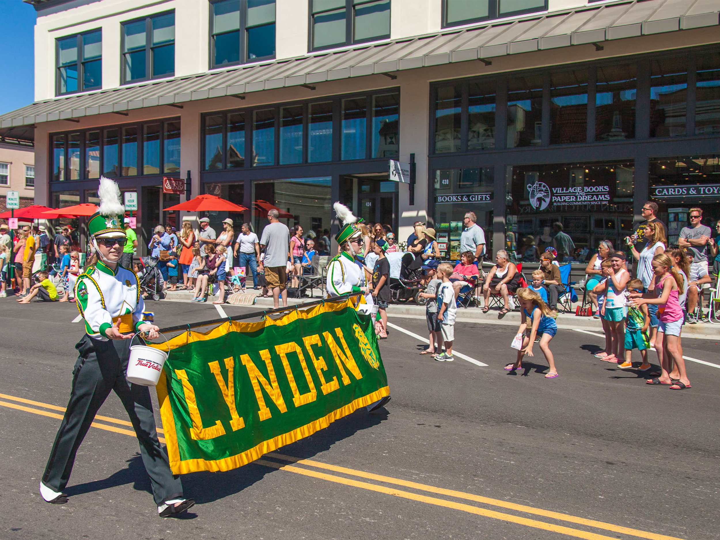 Another terrific photo opportunity arose when this group of high school students paraded their town banner directly in front of the newly opened Inn At Lynden. Photos like this have proven very useful—both to my clients and to the actual owners of the new building—as promotional and public-relations images.