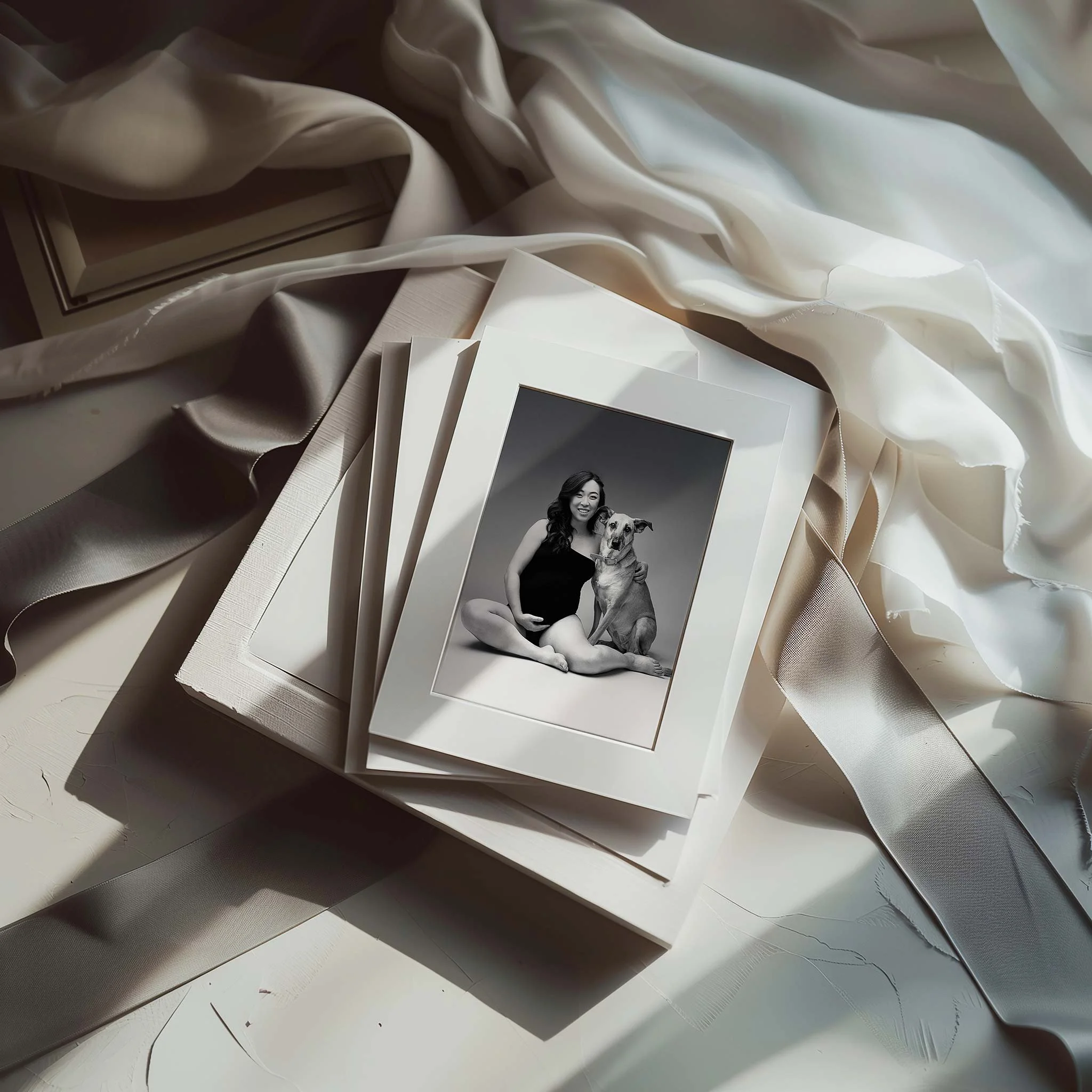 Black and white photograph of a woman sitting on the floor with a dog, both smiling, surrounded by white photo frames and patterned fabric.