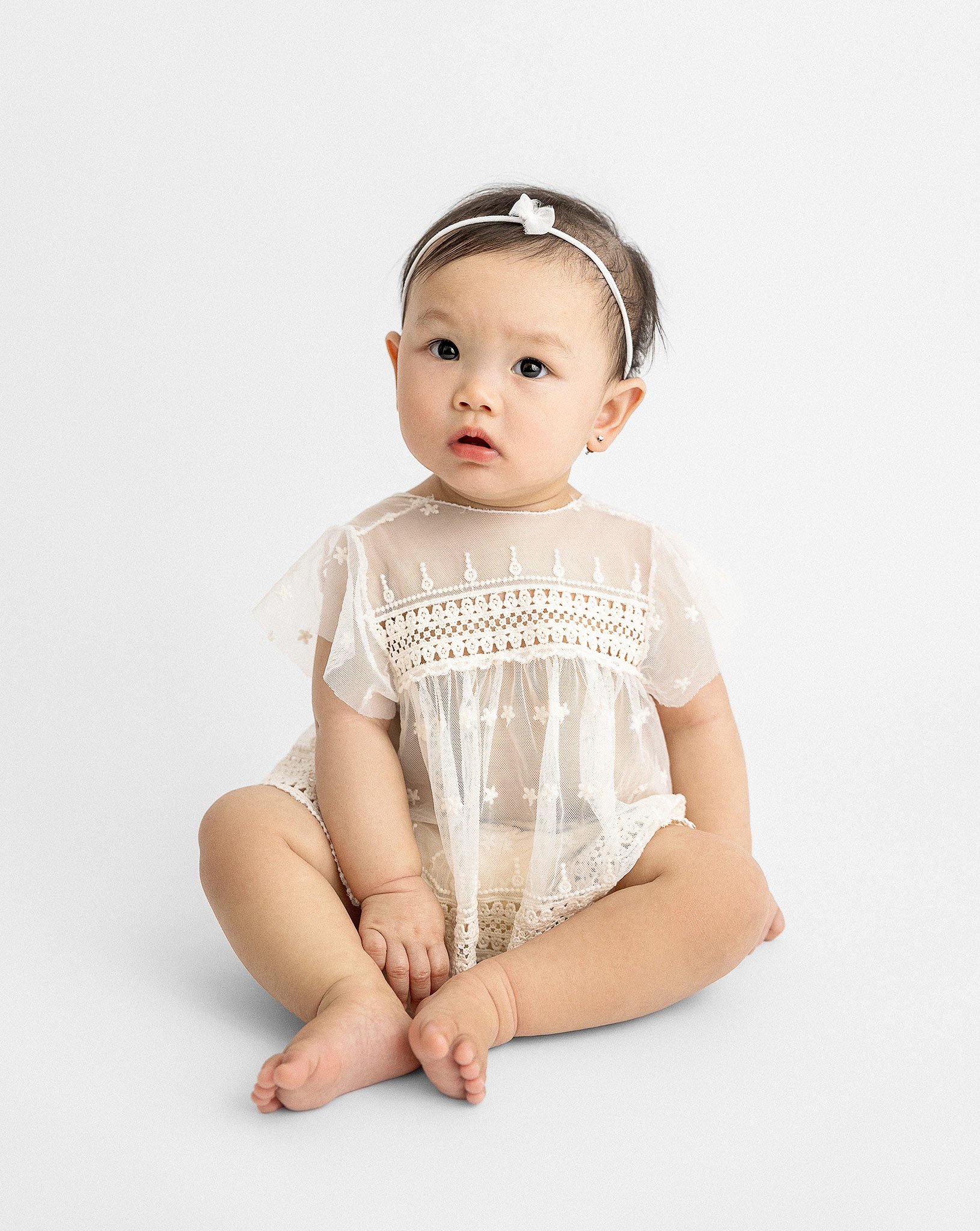 Baby wearing a lace dress and headband sitting on the floor against a plain background.