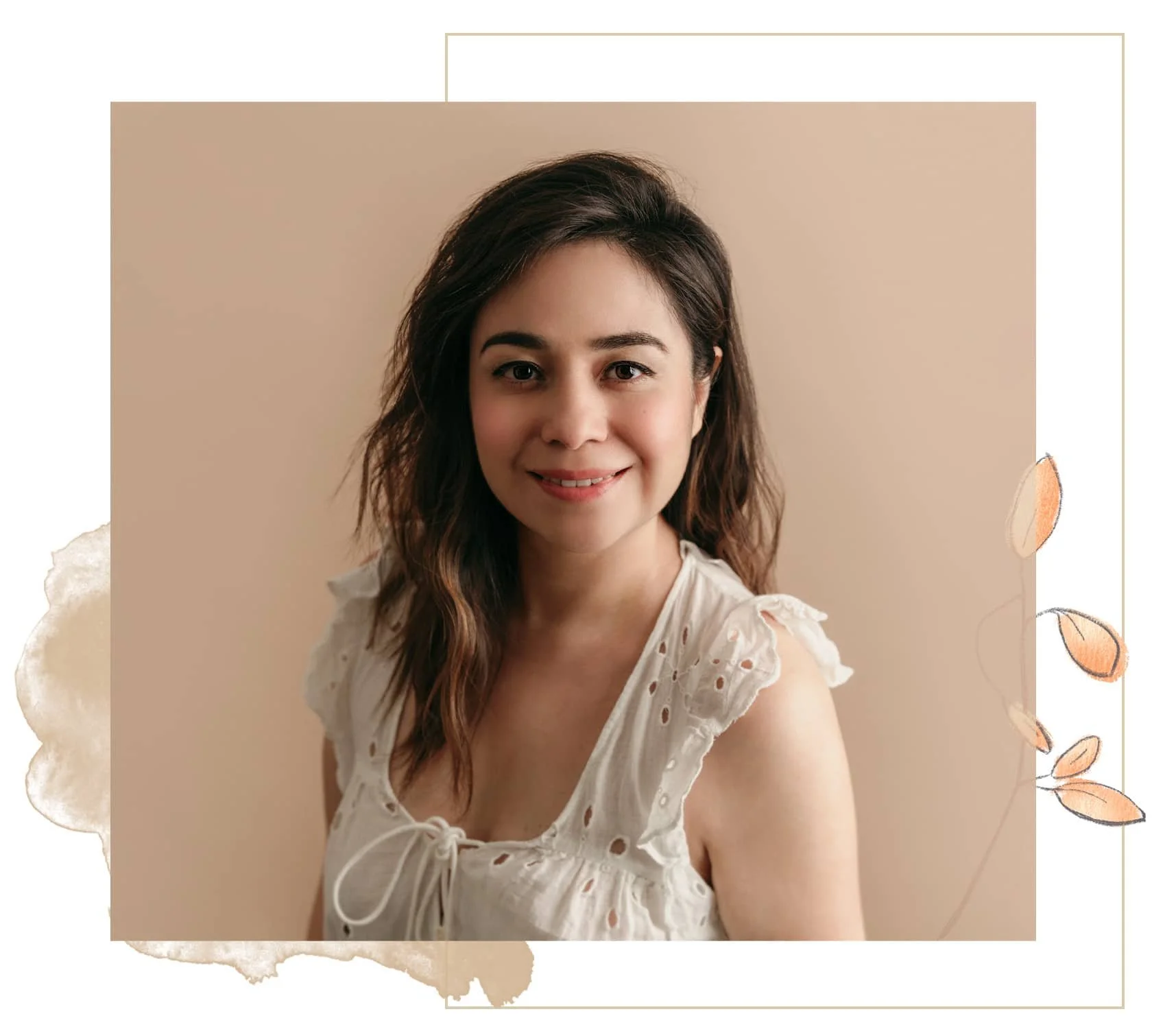Woman in white eyelet blouse smiling against a beige background, with artistic leaf illustrations.
