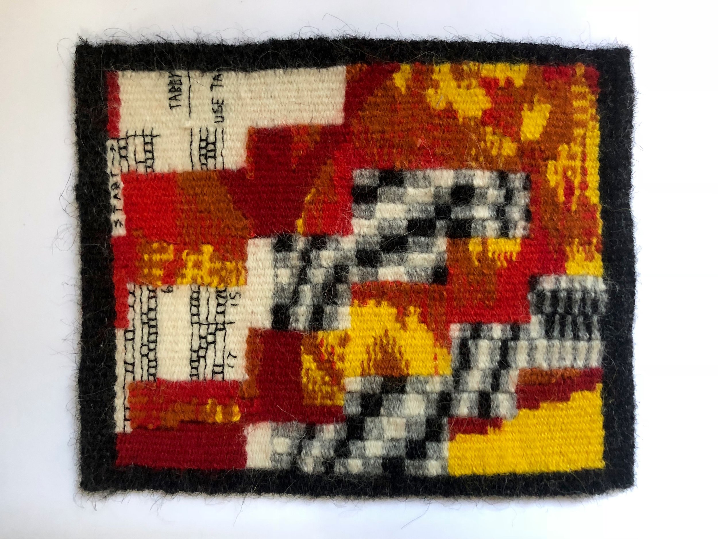  Blooming Leaf , 2018. Linen, wool, and cotton. 6” x 7.25”. Featured in  Small Tapestry International 6: Beyond the Edge . 