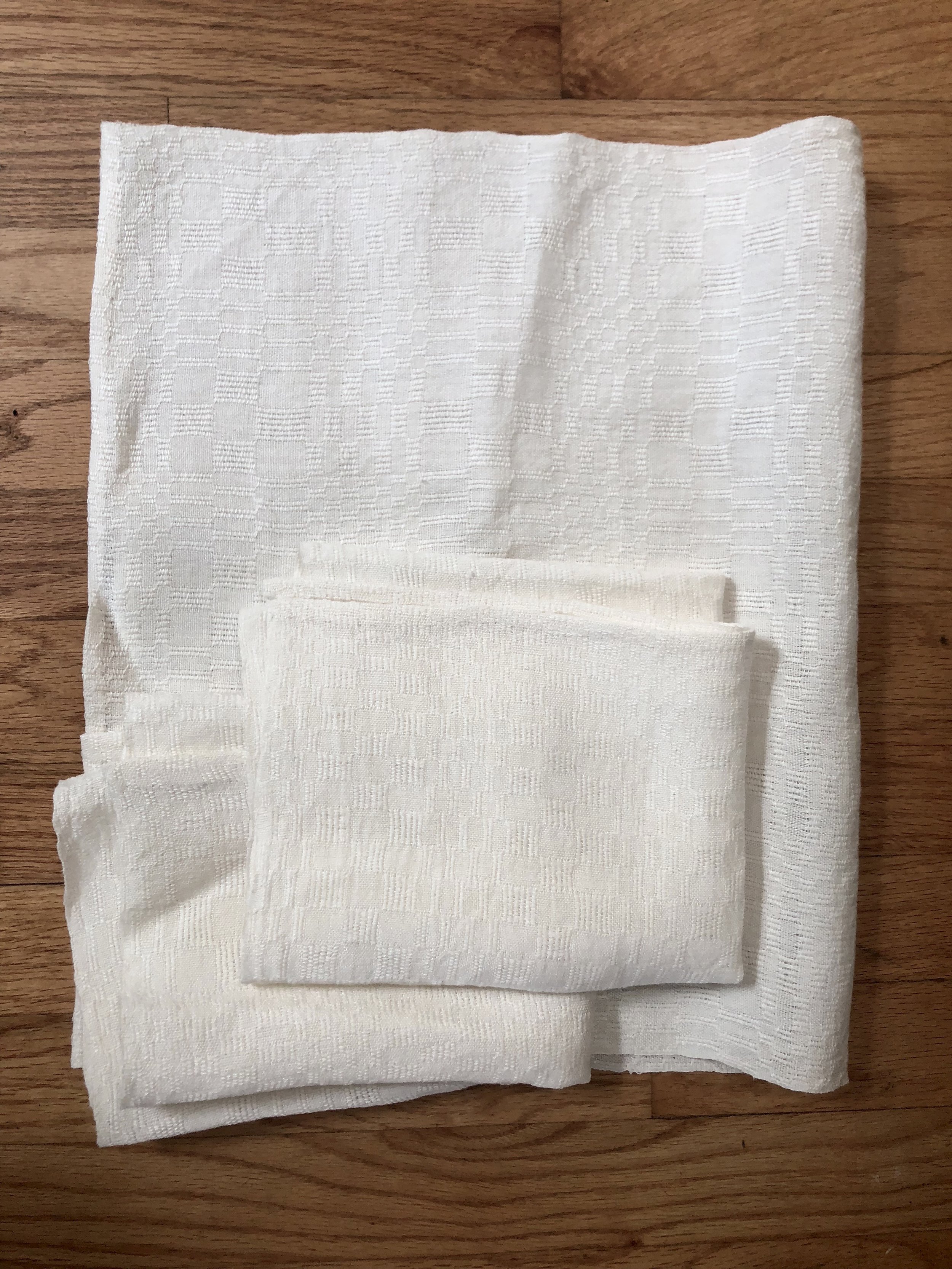  M’s and O’s towels, 2018. Linen. Each towel is about 16 1/2” x 26”. 