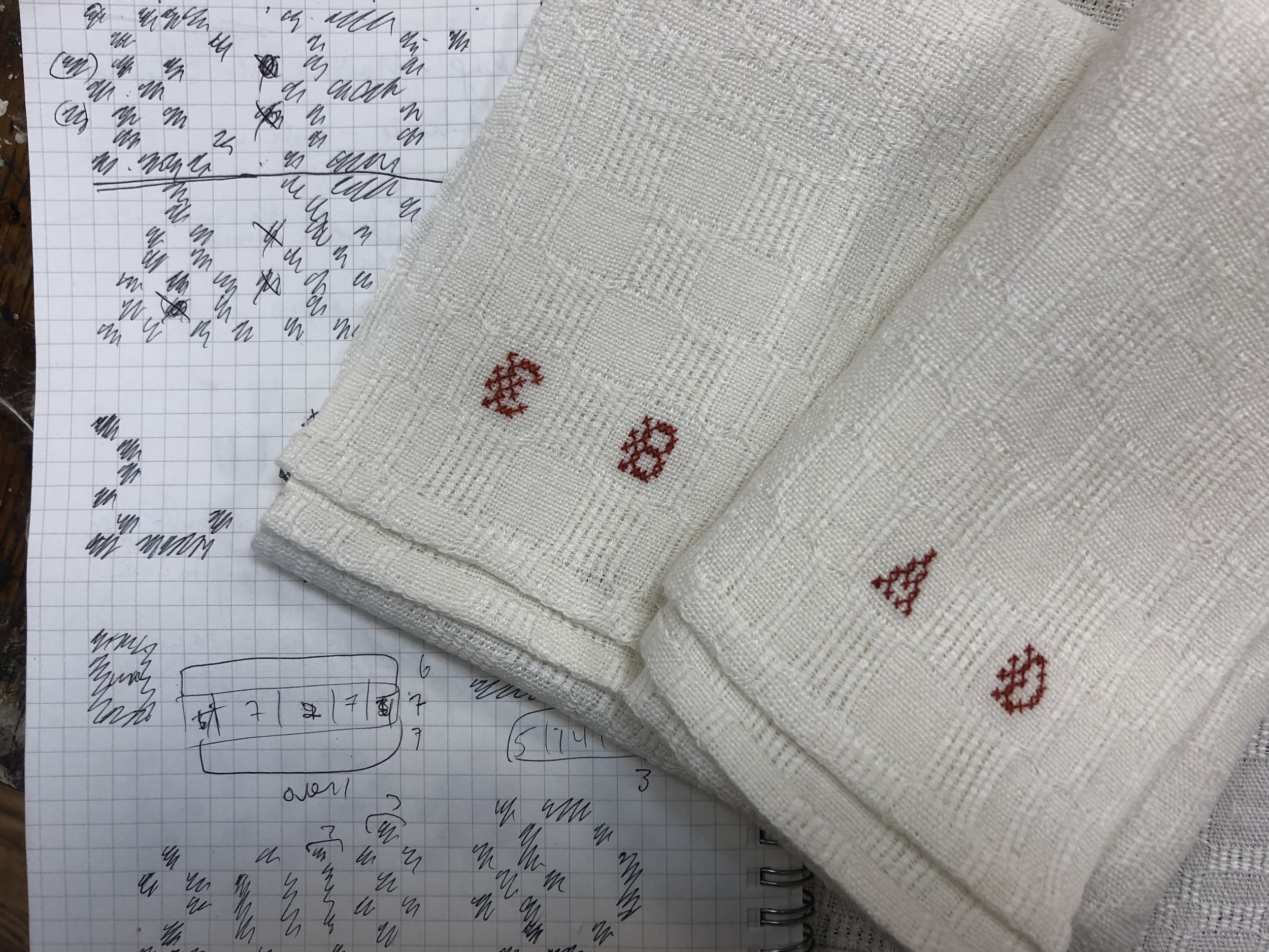 Monogrammed M’s and O’s towel, 2018. Linen and overdyed cotton floss. 16 1/2” x 26”.