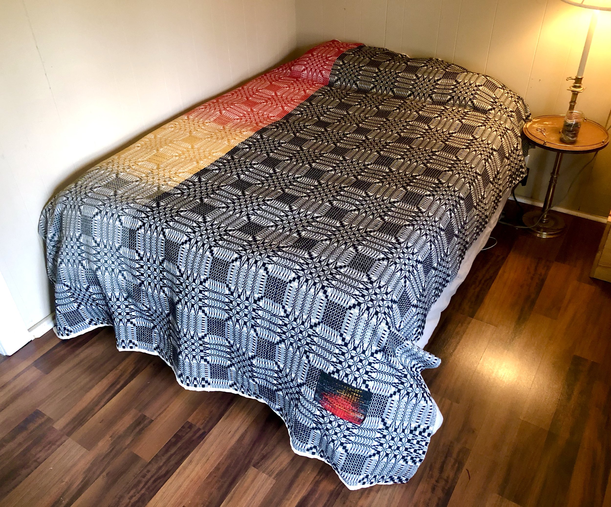 Keep Me Warm, 2019. Wool and cotton. 72” x 102”. Woven using a Pine Cone Bloom draft with an embedded tapestry.