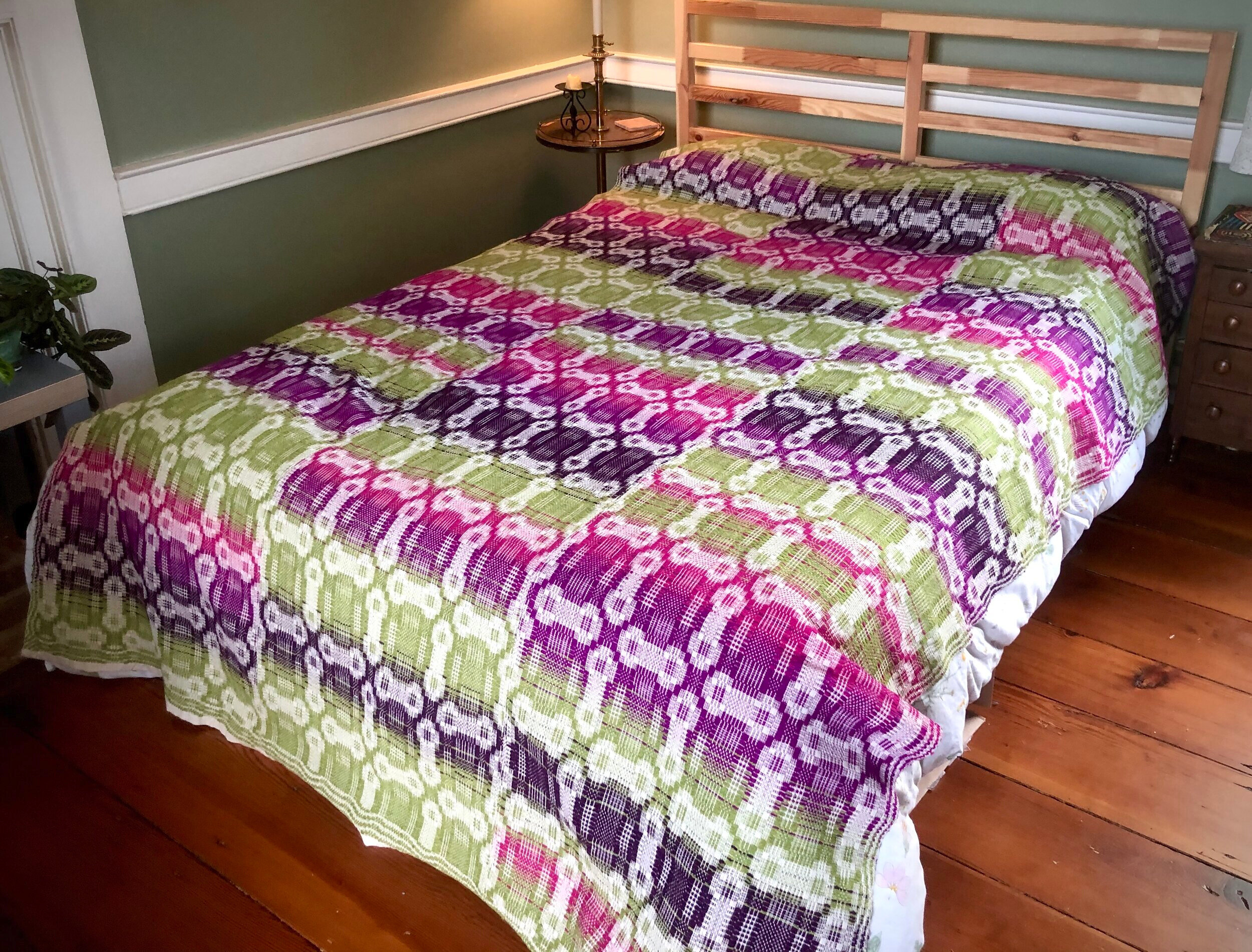   Rhododendron Coverlet , 2020. Wool and cotton. 65” x 90”. Woven in three panels using a Catalpa Flower draft. 