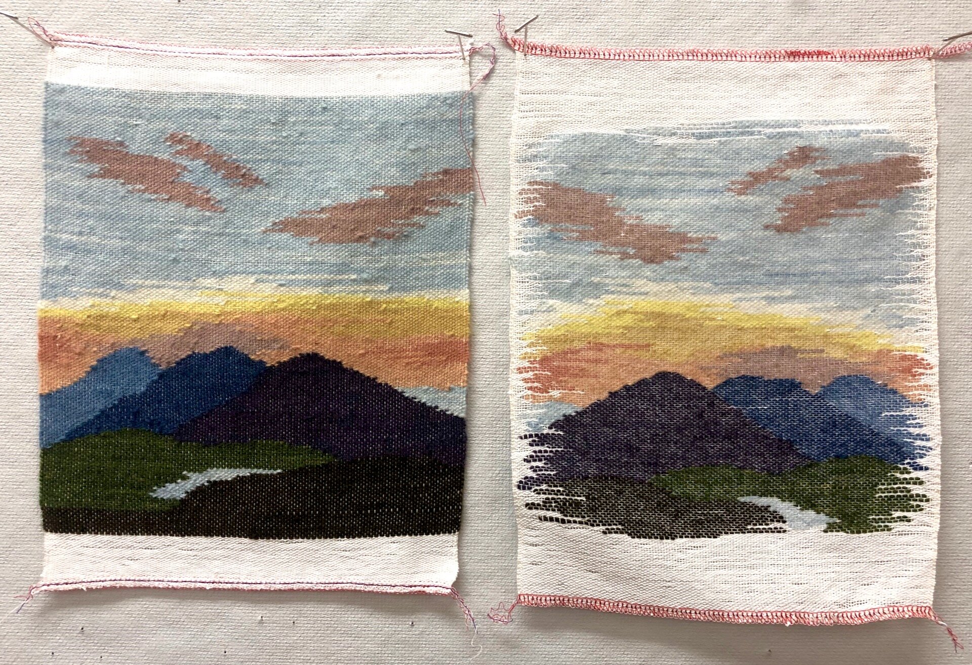   Alice Tipton Landscapes: Two Ways , 2020. Cotton warp and naturally dyed wool singles weft. 8.75” x 9.75” each. These pieces are based on the tapestries of Alice Tipton, a weaver who worked at John C. Campbell during the 20th c. The left piece is w