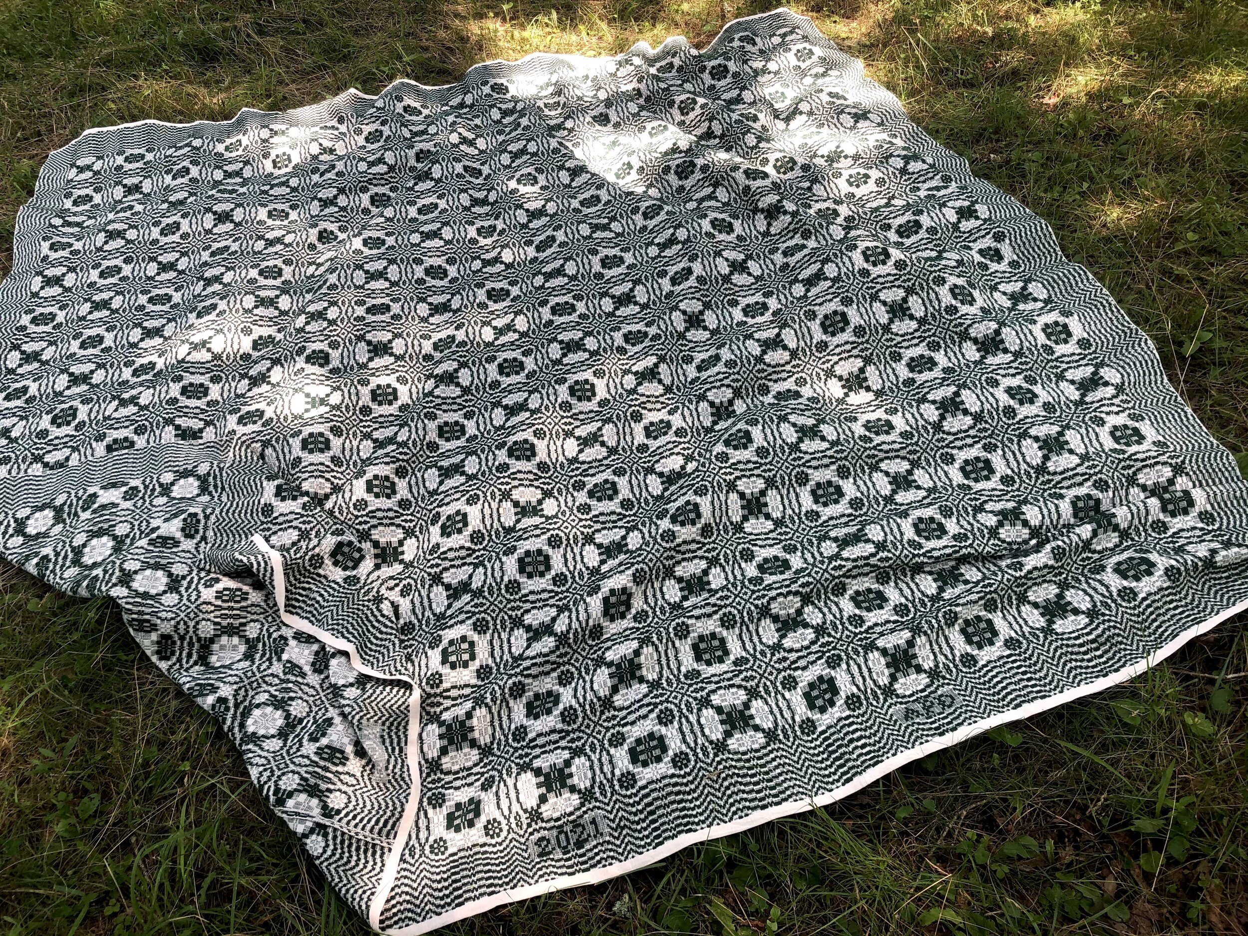   A&amp;B Wedding Coverlet , 2021. Wool and cotton. 110” x 115”. Woven in three panels using the Double Compass Work draft from Margeurite Davison’s  A Coverlet Weaver’s Source Book . 