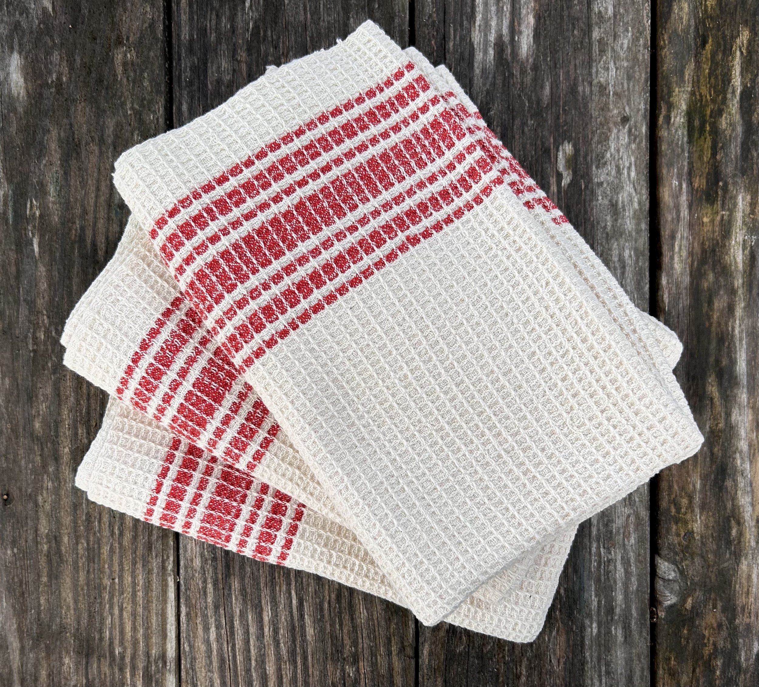  Waffle weave towels, 2023. Unmercerized 8/2 cotton. 22” x 28” each. Woven using a four harness waffle weave draft from Marguerite Davison’s  A Handweaver’s Pattern Book . 