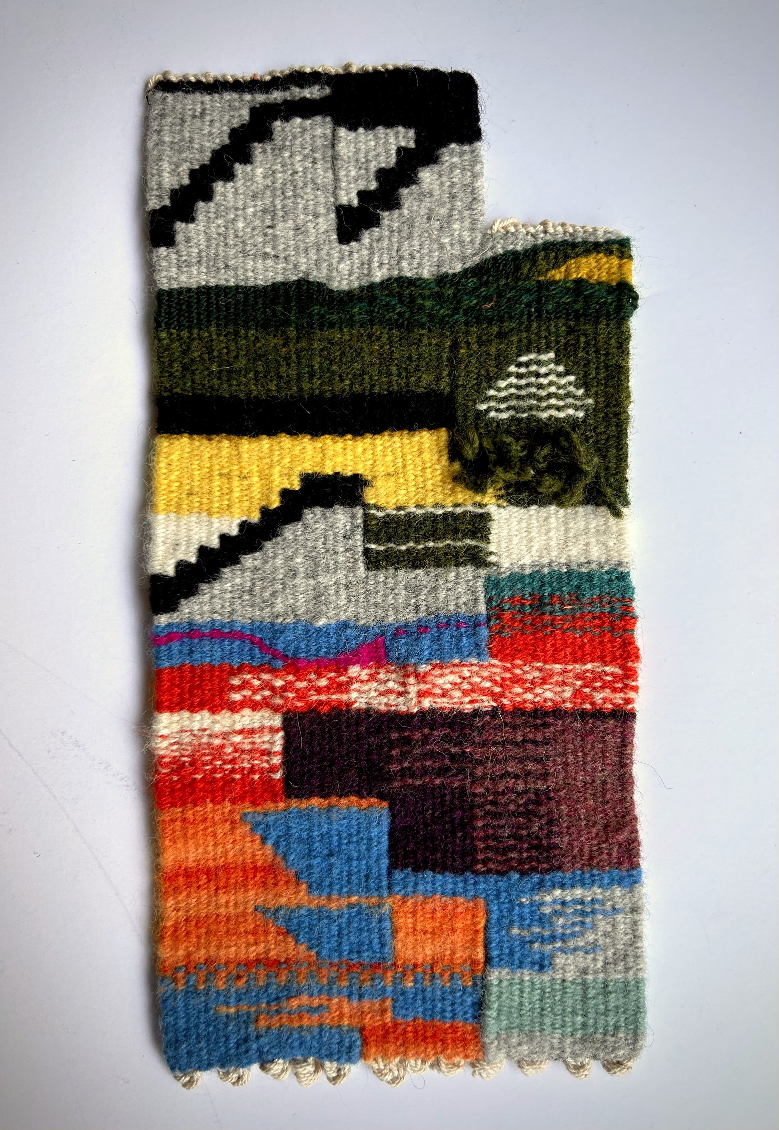   Stairways , 2022. Cotton warp and wool weft. 5.5” x 12”. Woven as a demonstration piece while teaching. 