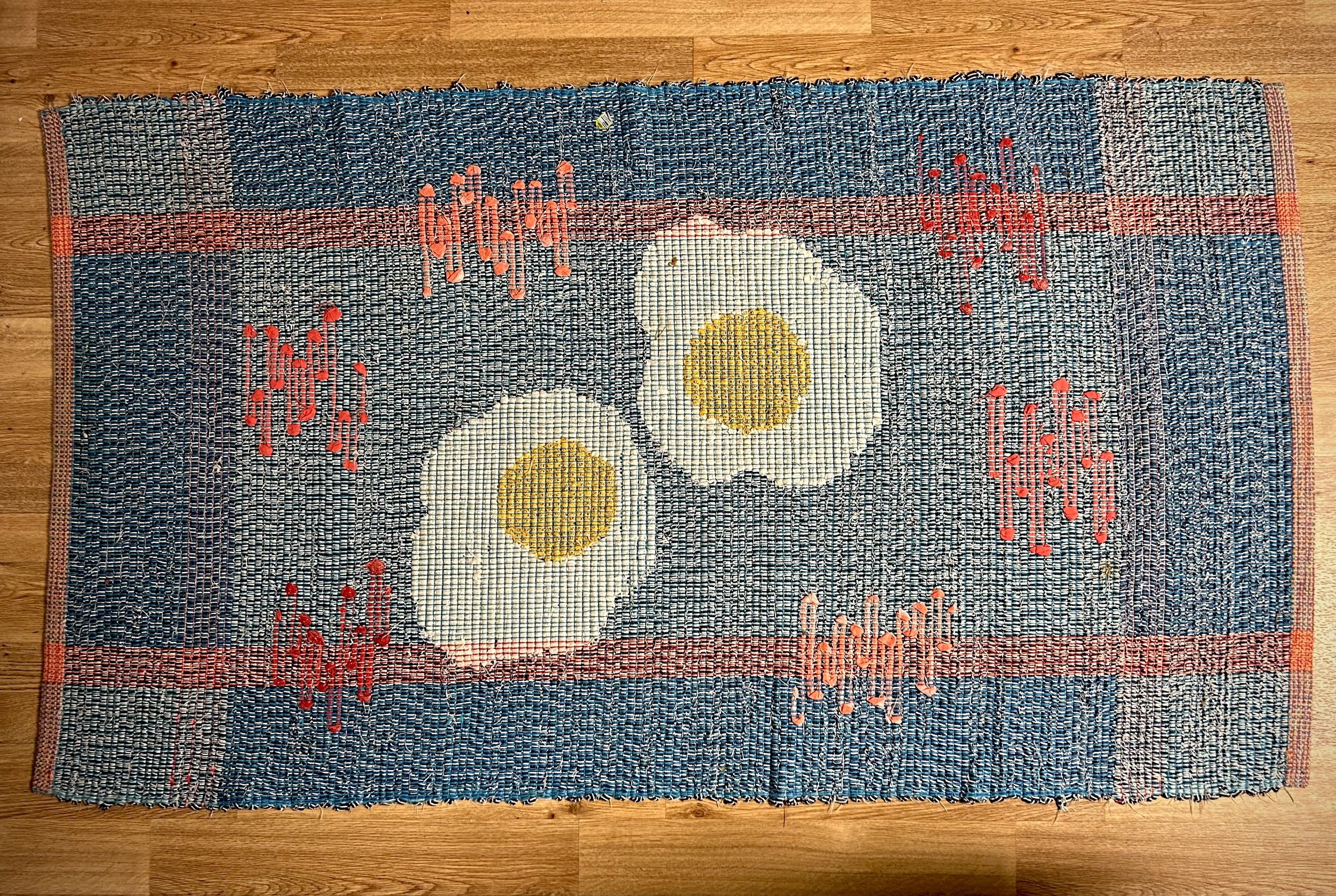   Egg Rug,  2020. Cotton carpet warp, cotton rag weft. Woven with Log Cabin and inlay rag rug techniques. 