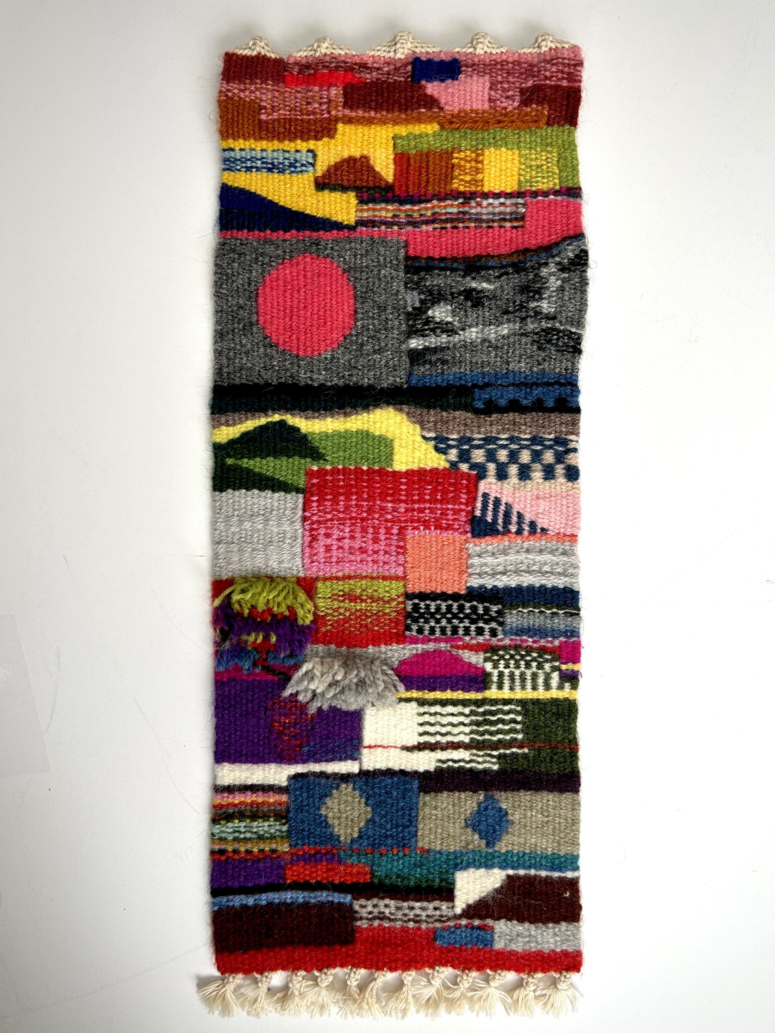  Class Sampler,  2023. Cotton warp and wool weft. 7” x 18”. Woven during two week-long tapestry classes to demonstrate techniques to students in class. 