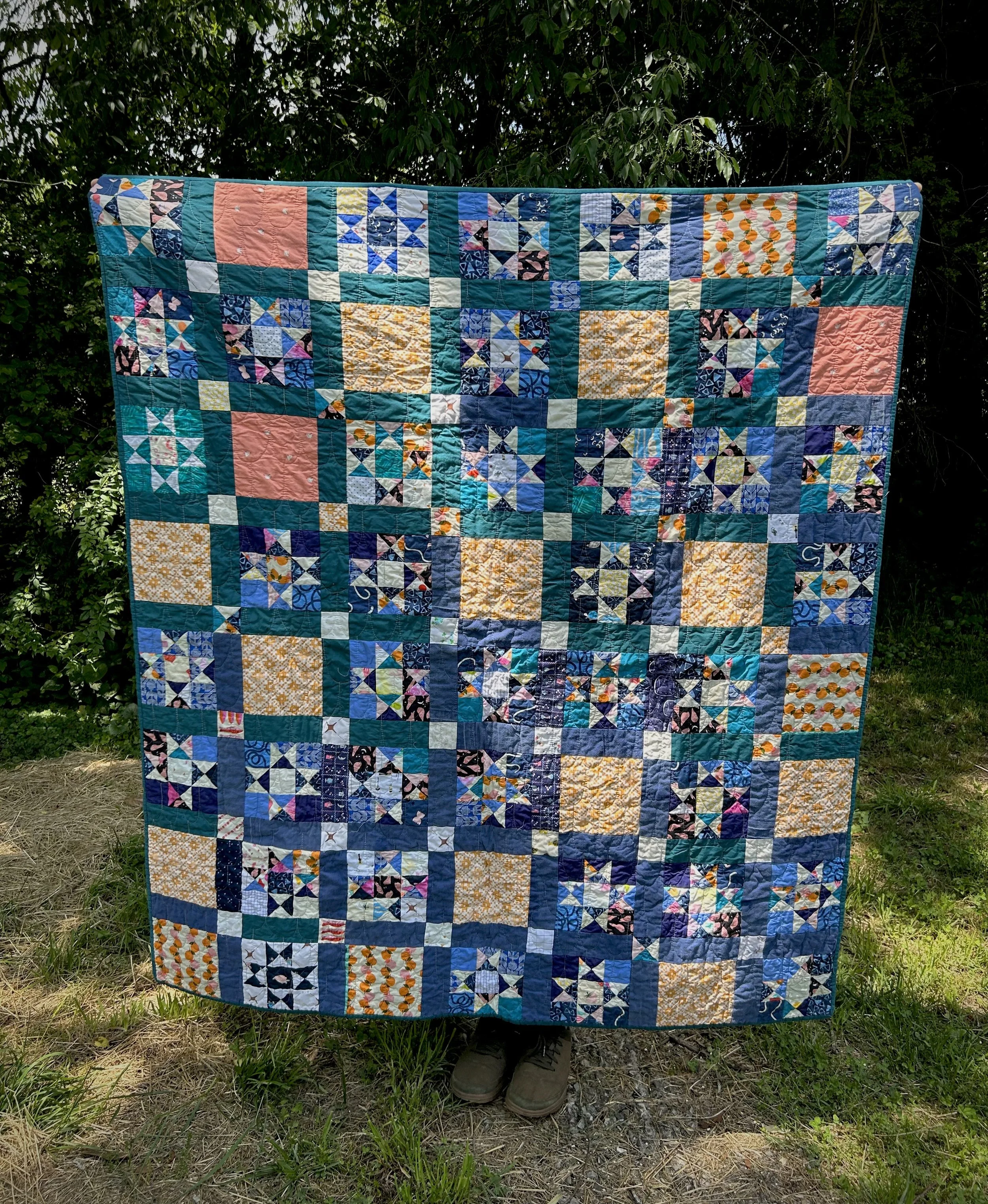   R+K Quilt (#6),  2026. New and recycled cotton fabrics, linen backing. Machine pieced, quilted by me on a longarm machine. 
