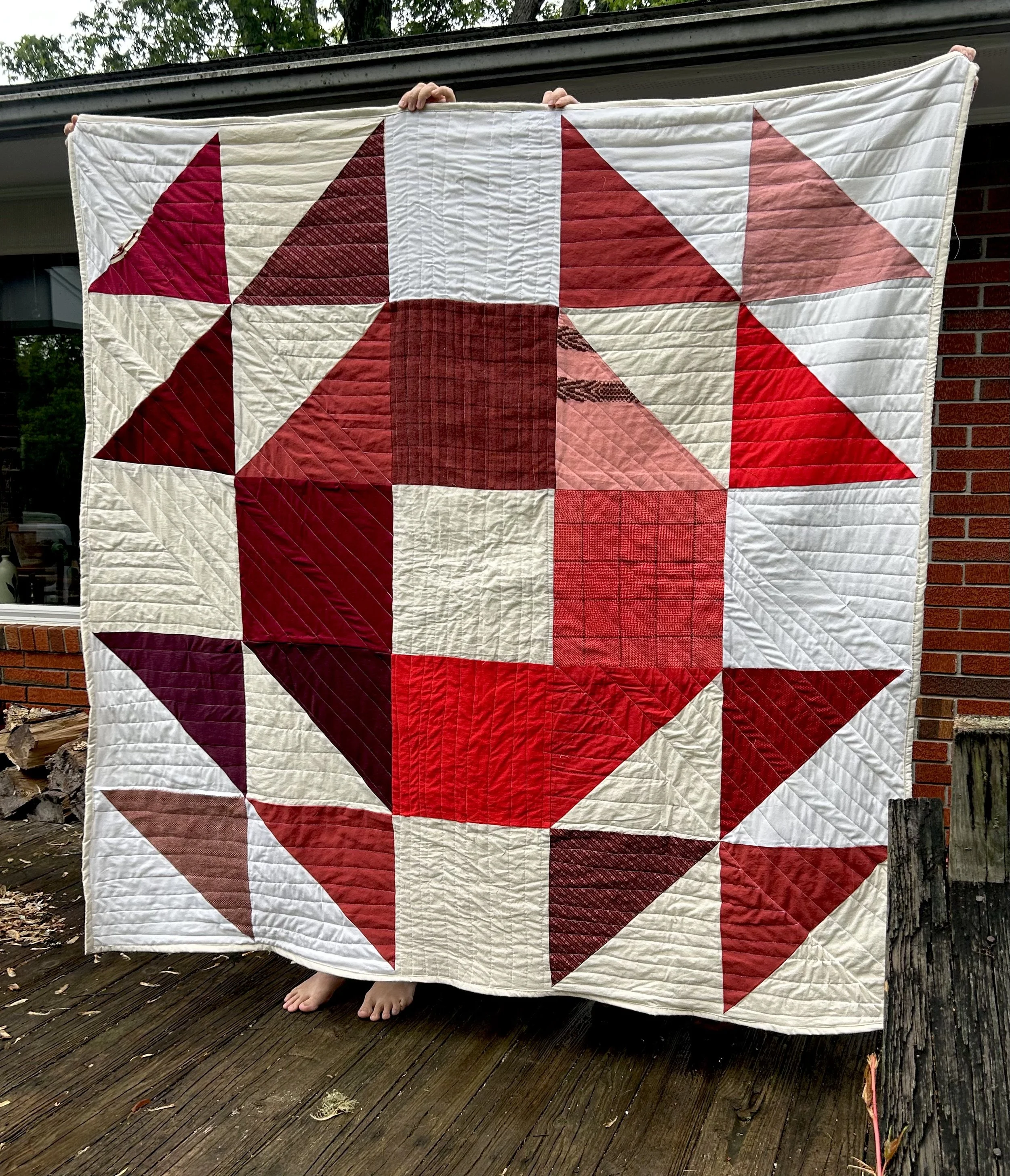   D+J Quilt (#4).  Commercial, recycled, and handwoven fabrics. Muslin backing. Machine pieced and quilted. 
