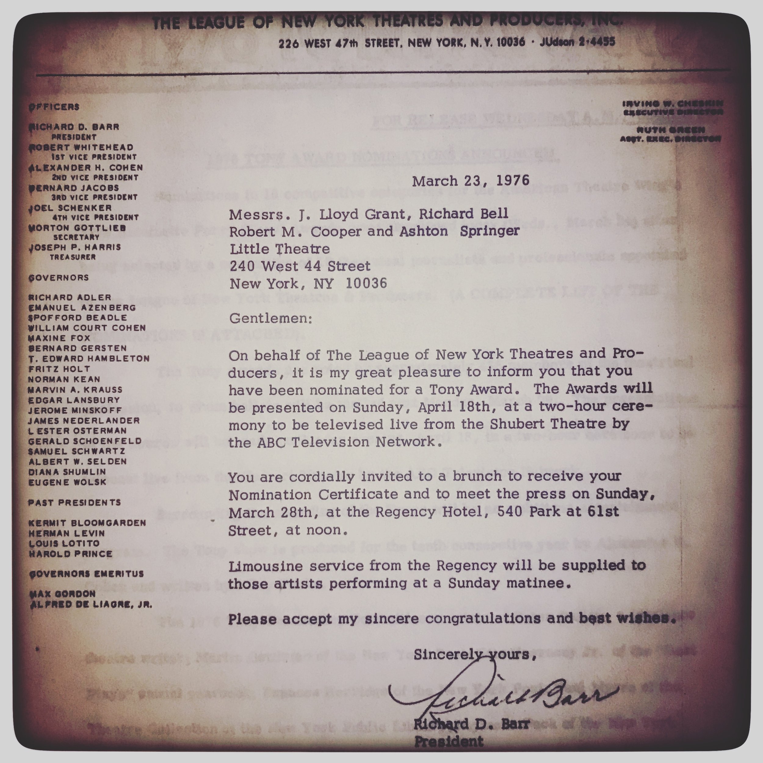 His 1976 Tony Award nomination letter