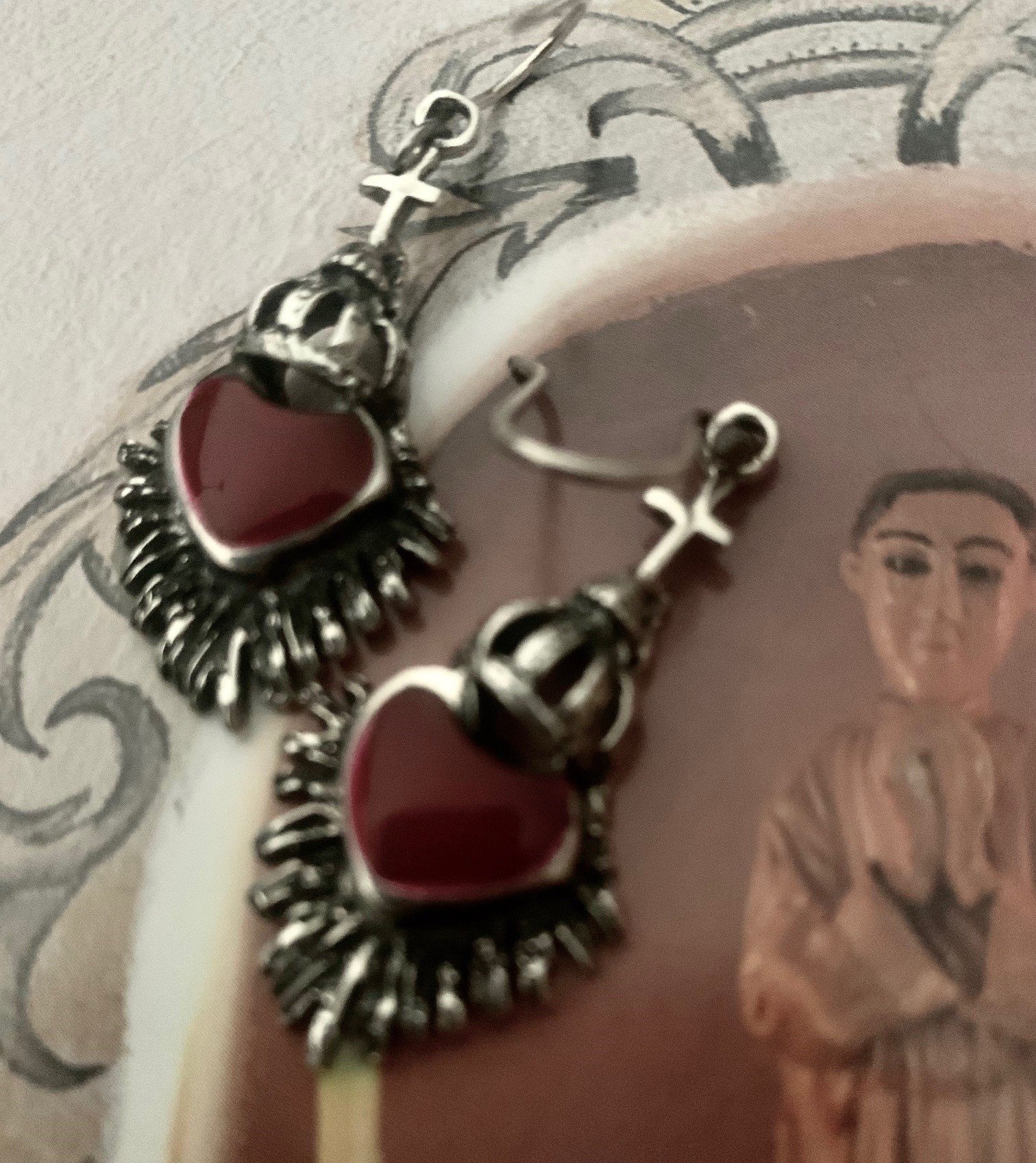 Heart Earrings with Crown, Cross &amp; Rays