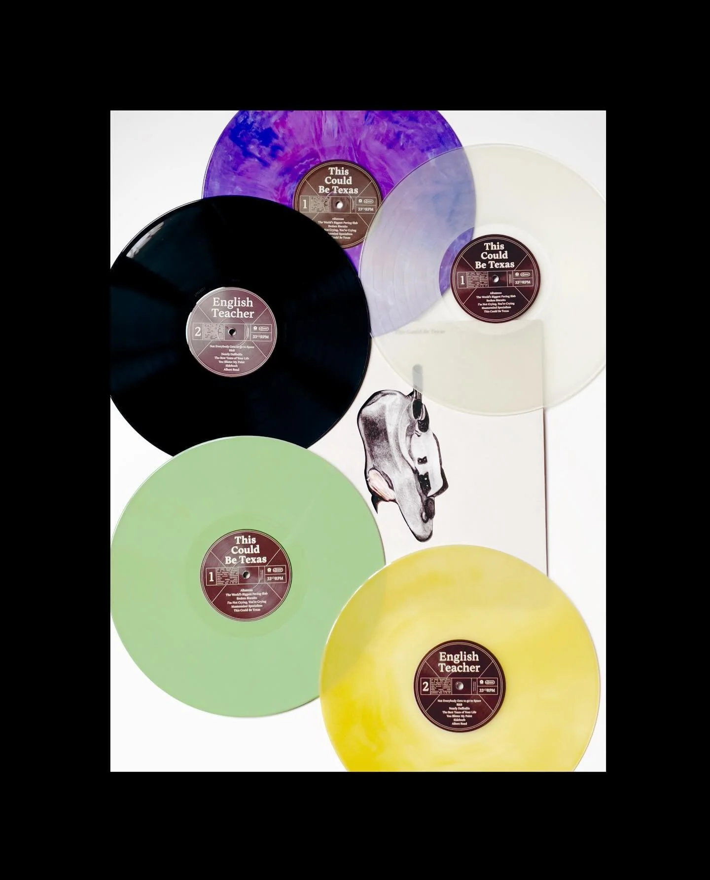 Little afternoon vinyl abstraction courtesy of @englishteacherband and the excellent &rsquo;This Could Be Texas debut album. 
If you know, you know&hellip;

- blue marble Limited 500 Blood Records
- milky white limited band store, die cut sleeve sign