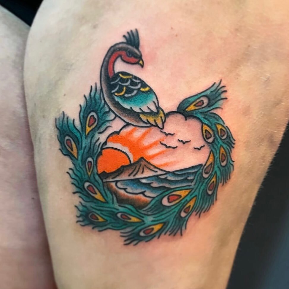 Old school style peacock tattoo by Tanner 🦚