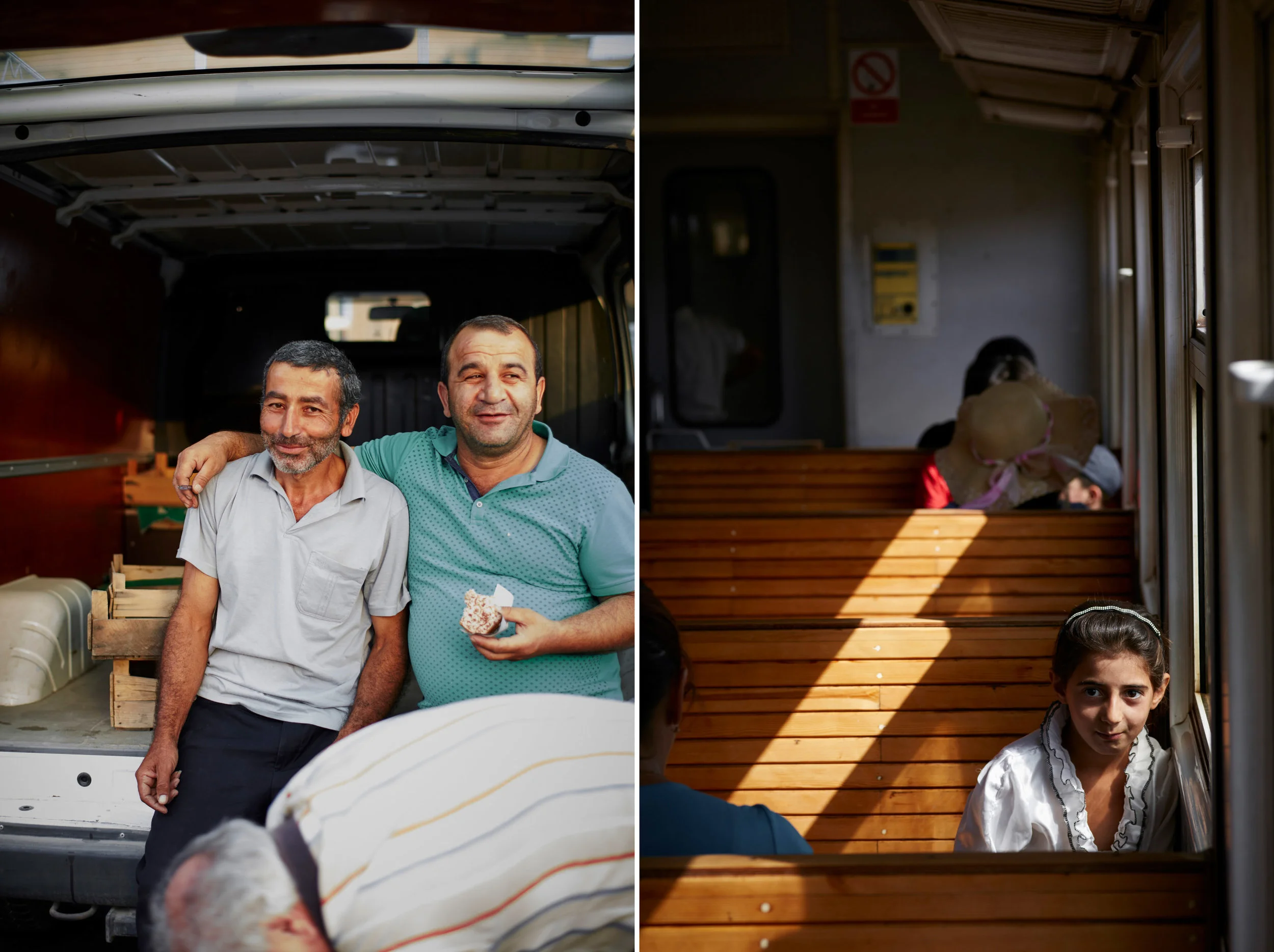 Vendors at the market in Yerevan Train Station, left, and a passenger on the train from Yerevan to Gyumri.