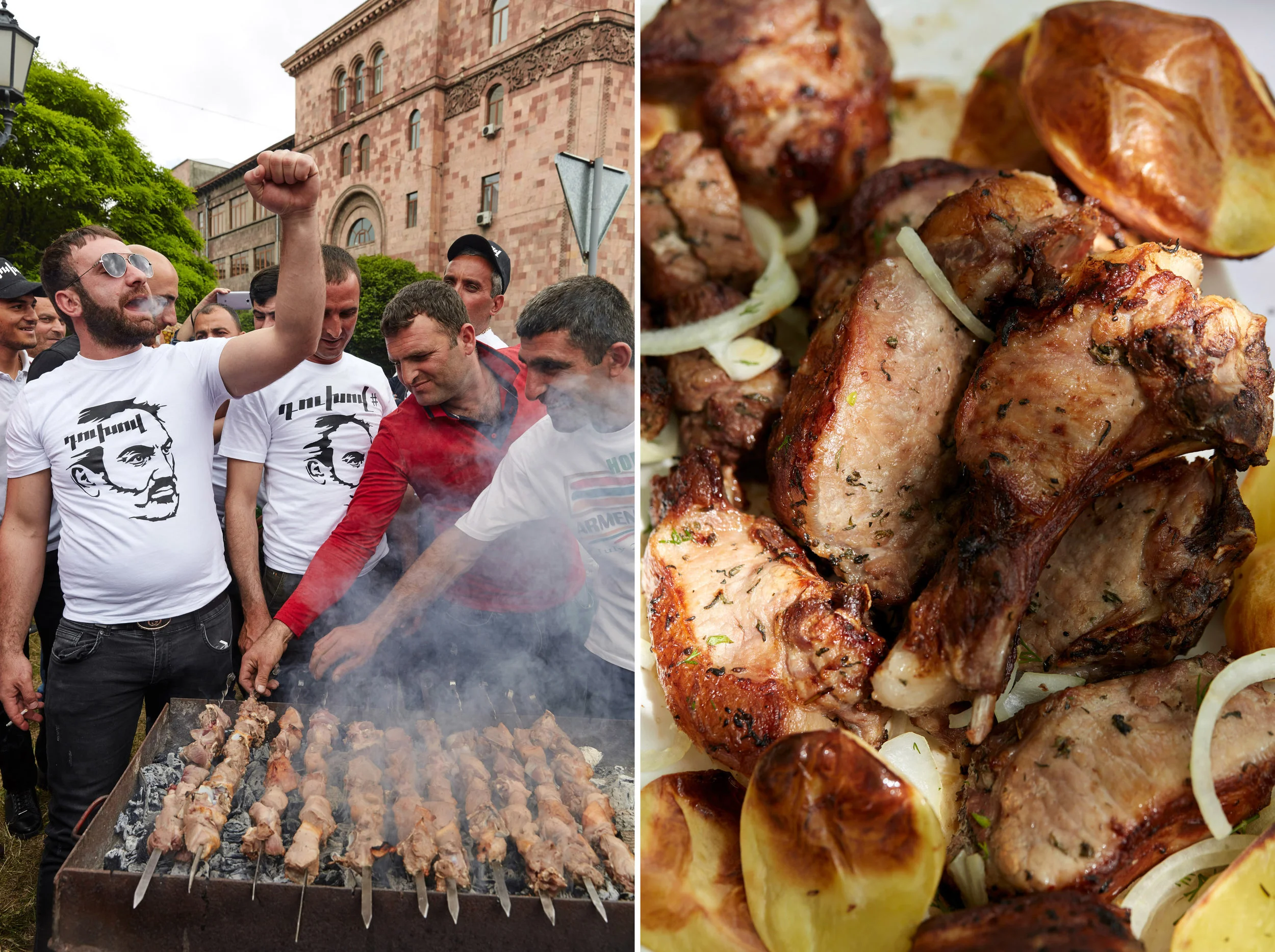 Skewers of meat on a mangal as revelers celebrate Nikol Pashinyan’s election victory, left, and Qefilyan’s pork khorovats, right.