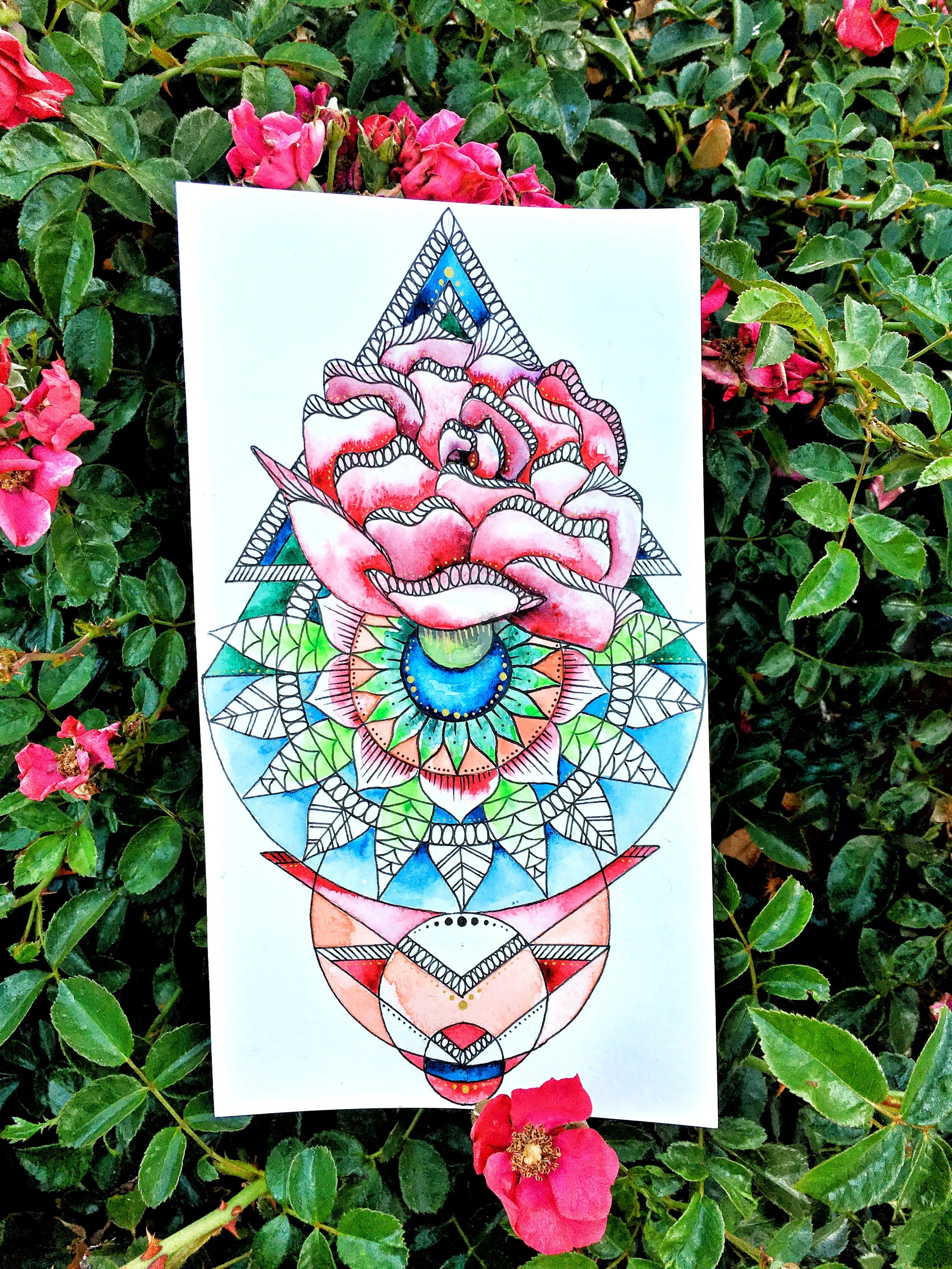 Red Rose Geometric Flower Mini Painting