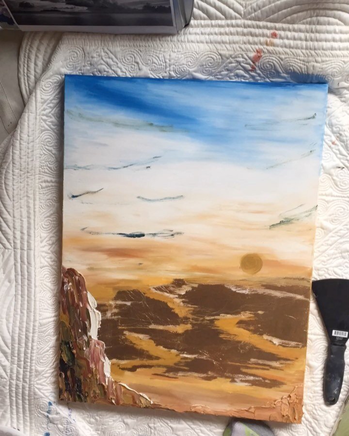 Tried an oils blending project mainly with my left hand, my (injured) dominant right hand took over to paint the boat and I didn&rsquo;t even realize it until it started to hurt. Thinking once it dries I should add some gold leaf to the boat and rock