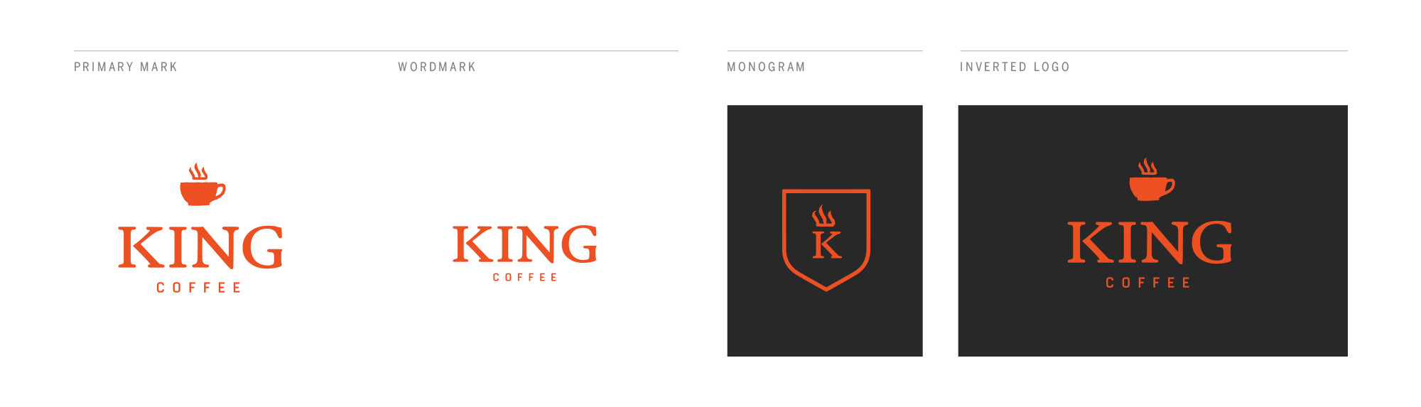 During the strategic development phase, we discovered the cafe’s desire to focus the brand on tapping into medieval roots that were mixed with rustic elements. This inspiration led to the creation of the King Coffee logo that incorporates a Garamond Classico font to create a classic style. The wordmark represents a coffee cup with steam elements that are used throughout the remaining brand materials. Once the brand came together during the visual identity phase, Bruxton helped the cafe create a comfortable environment through various branding elements, including designing the menu, signage, business collateral, and packaging.