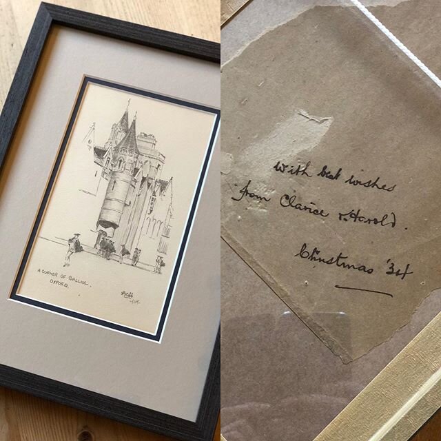 Newly framed drawing of Balliol signed by artist Harold Cobb on reverse 1934 - (dedication saved from old frame) - every piece has a story - amazing bit of framing @fionapowellframing - thank you 🙏. Looks good don&rsquo;t you think x
.
.
.
.
#ballio