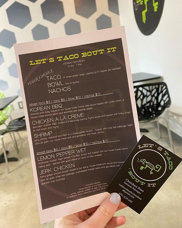 We have new food in our area! Check out @letstacoboutitfoodtruckatl location on Presidential Pkwy 🌮 Yummy lunch options! Open M-Sat from 11am-7pm!