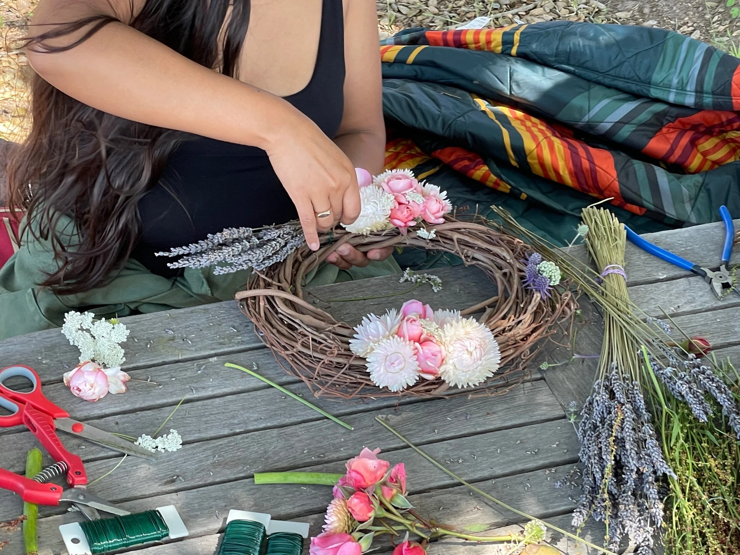 Closeup on one of the lavender wreaths being worked on at Santa Rita Hills Lavender Farm