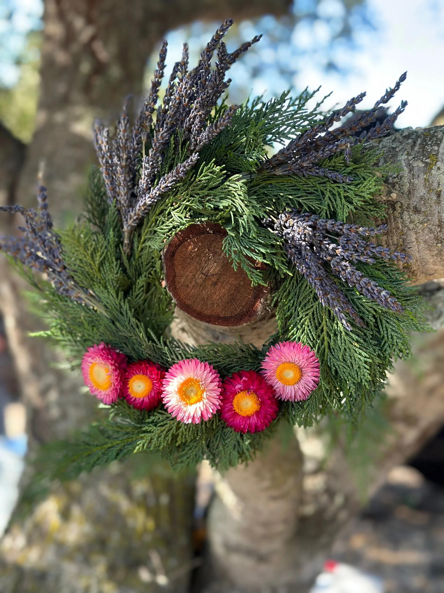 A wreath made during a lavender wreathmaking class at Santa Rita Hills Laender Farm