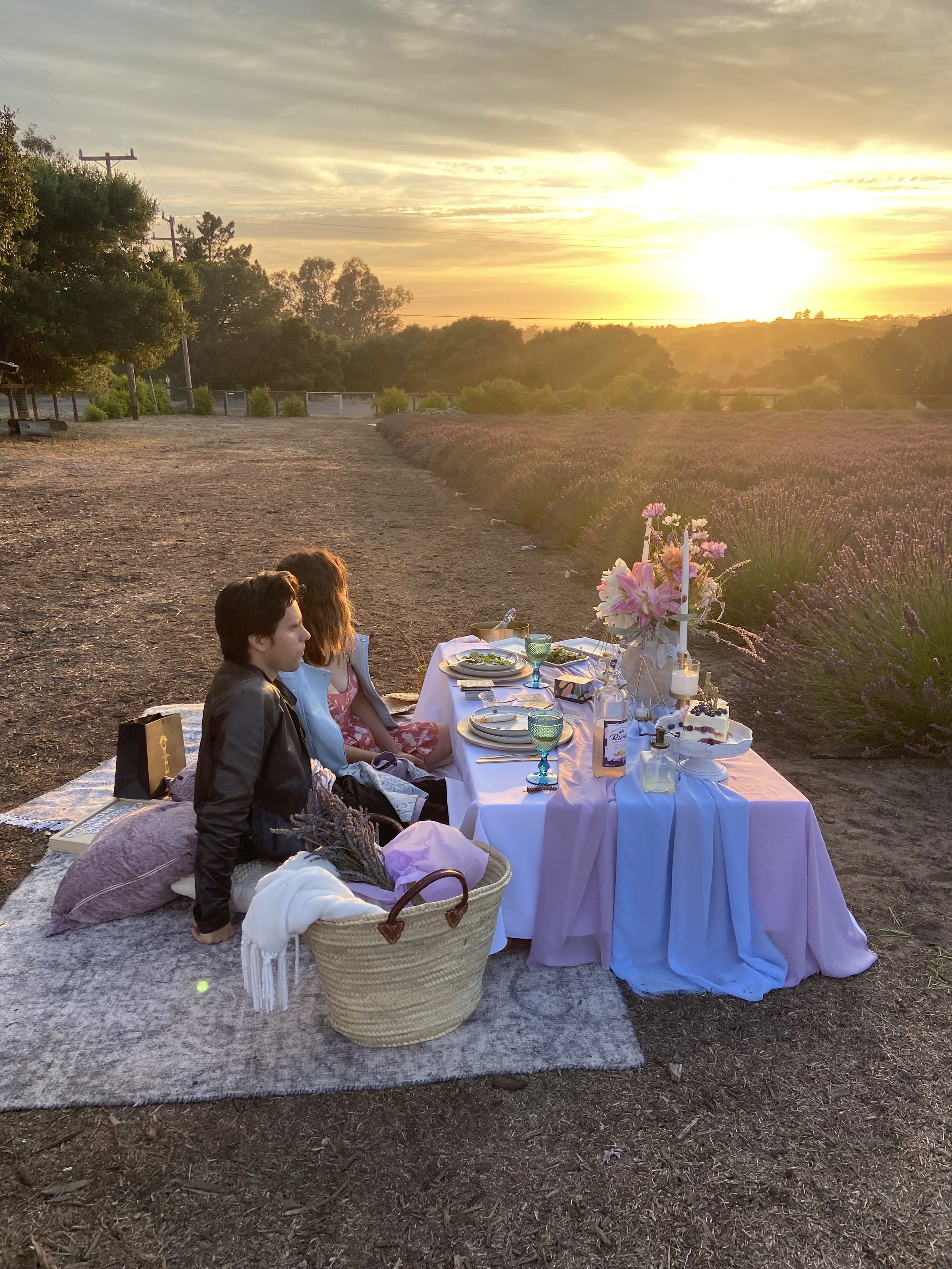 Couple on a blanket at Santa Rita Hills LAvender Farm, located minutes away from the Buellton and Solvang area in Santa Barbara County California