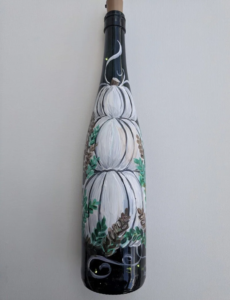 Wine Bottle painted for Wine and Design Class at Santa Rita Hills Lavender Farm located minutes away from the Buellton and Solvang area