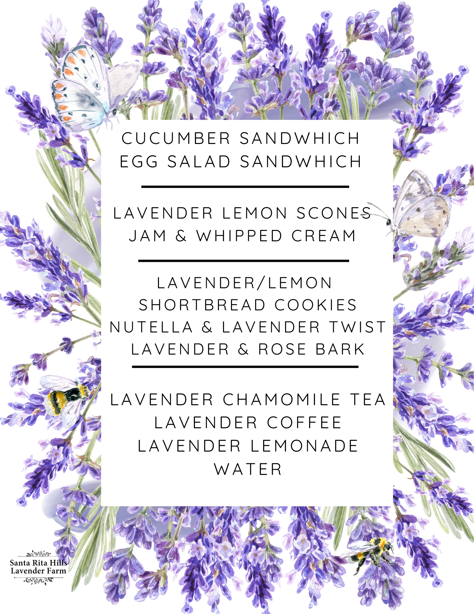 The menu for the Afternoon Tea at Santa Rita Hills Lavender Farm located minutes away from the Buellton and Solvang area