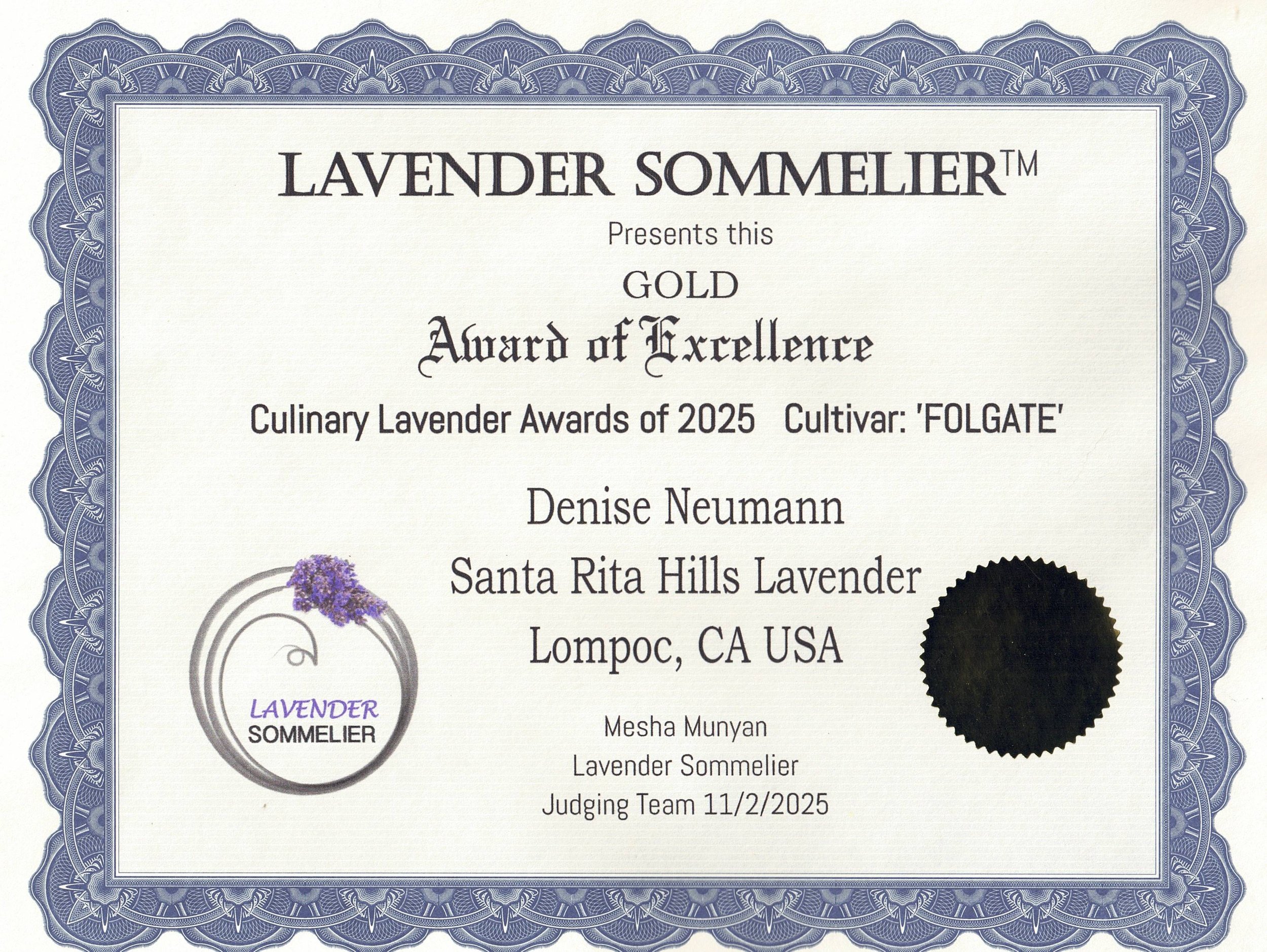 Gold Award of Excellence for Best Culinary Lavender awarded to Santa Rita Hills LAvender Farm, minutes away from the Buellton and Solvang area