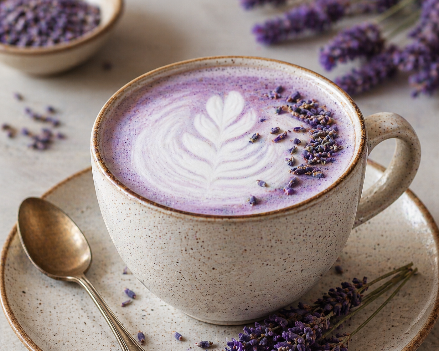 A lavender latte made from Santa Rita Hills Lavender Farm 's lavender coffee,  located minutes away from the Buellton and Solvang area in the California Central Coast