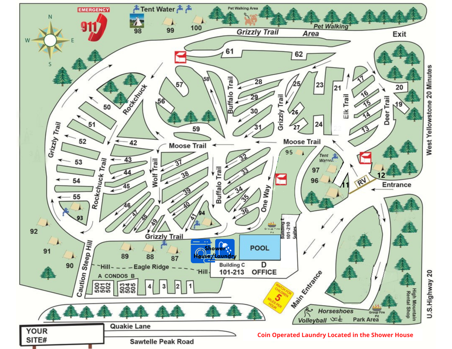 Island Park Campground with shower house — Sawtelle Mountain Resort