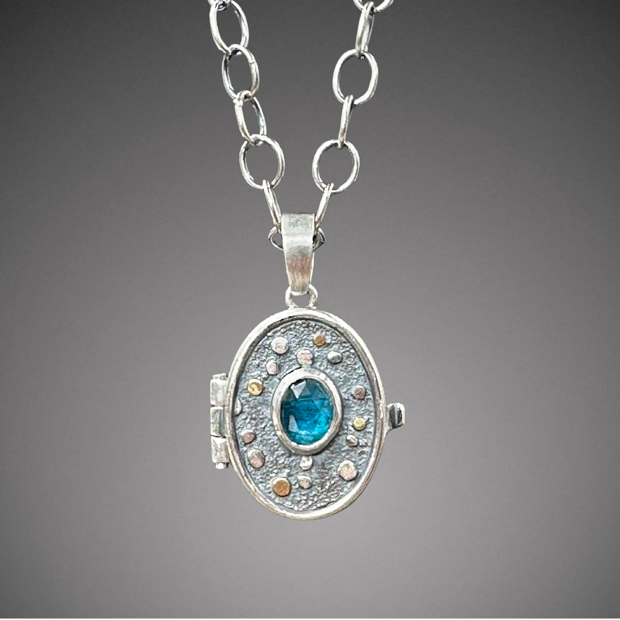 Pebble Texture Locket with Teal Kyanite