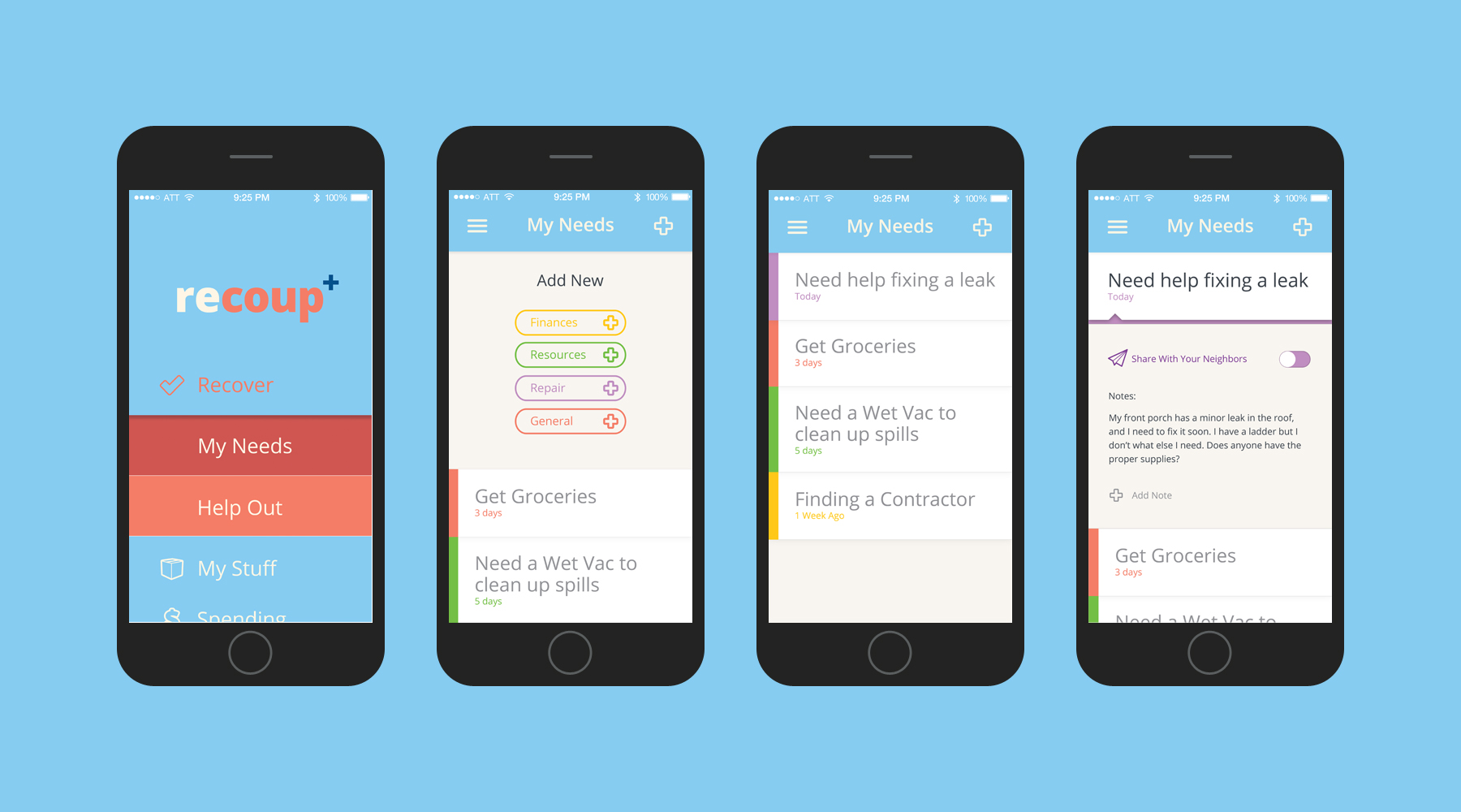 Recoup could allow users to share necessary tasks, resources they need, or other general concerns with their contacts and people within their local neighborhood. 
