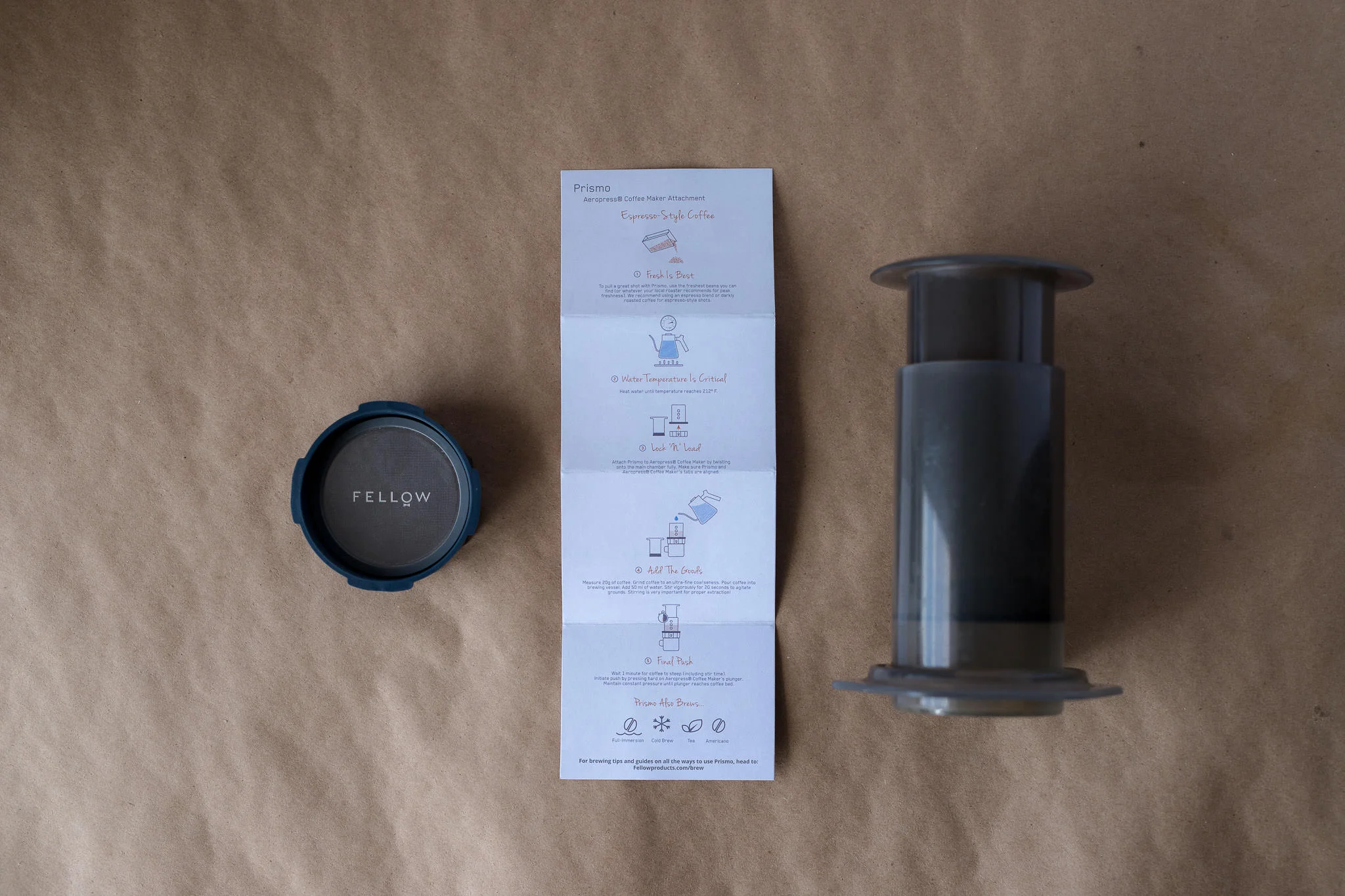 Aeropress and Fellow Prismo with included espresso brew guide
